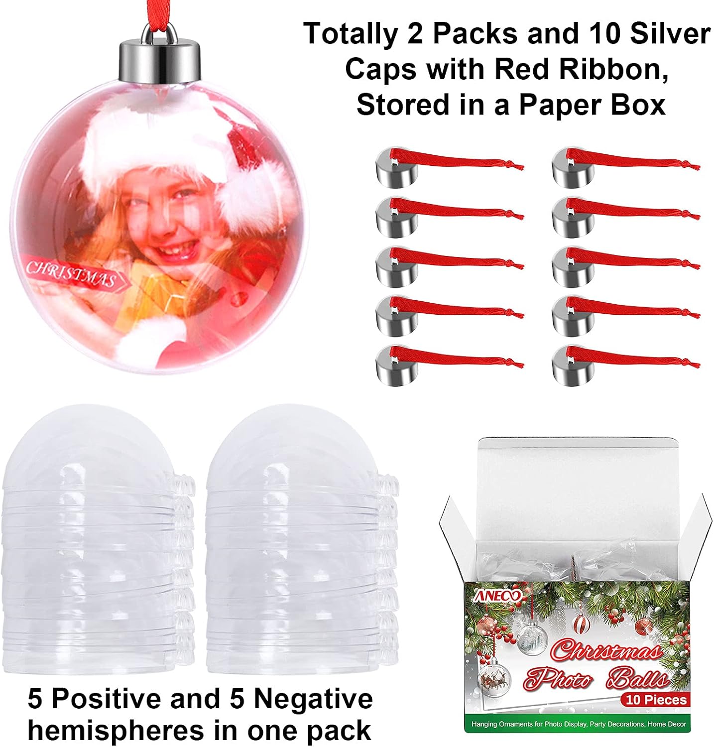 Aneco 10 adornos acrílicos transparentes para fotos, bola de Navidad de 3.150 in, adornos colgantes con tapa plateada y cordón rojo para exhibición