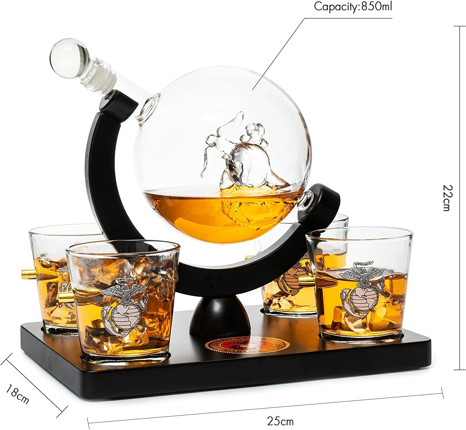 U.S. Marine Globe – Juego de decantador de whisky con 4 vasos de licor, juego de regalo para veteranos marinos con base de madera de caoba y