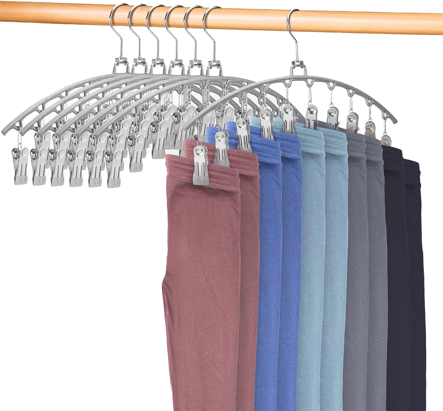 Paquete de 7 organizadores de leggings para armario, perchas de pantalones ZOUTOG con 10 clips, organizadores de armario que ahorran espacio y