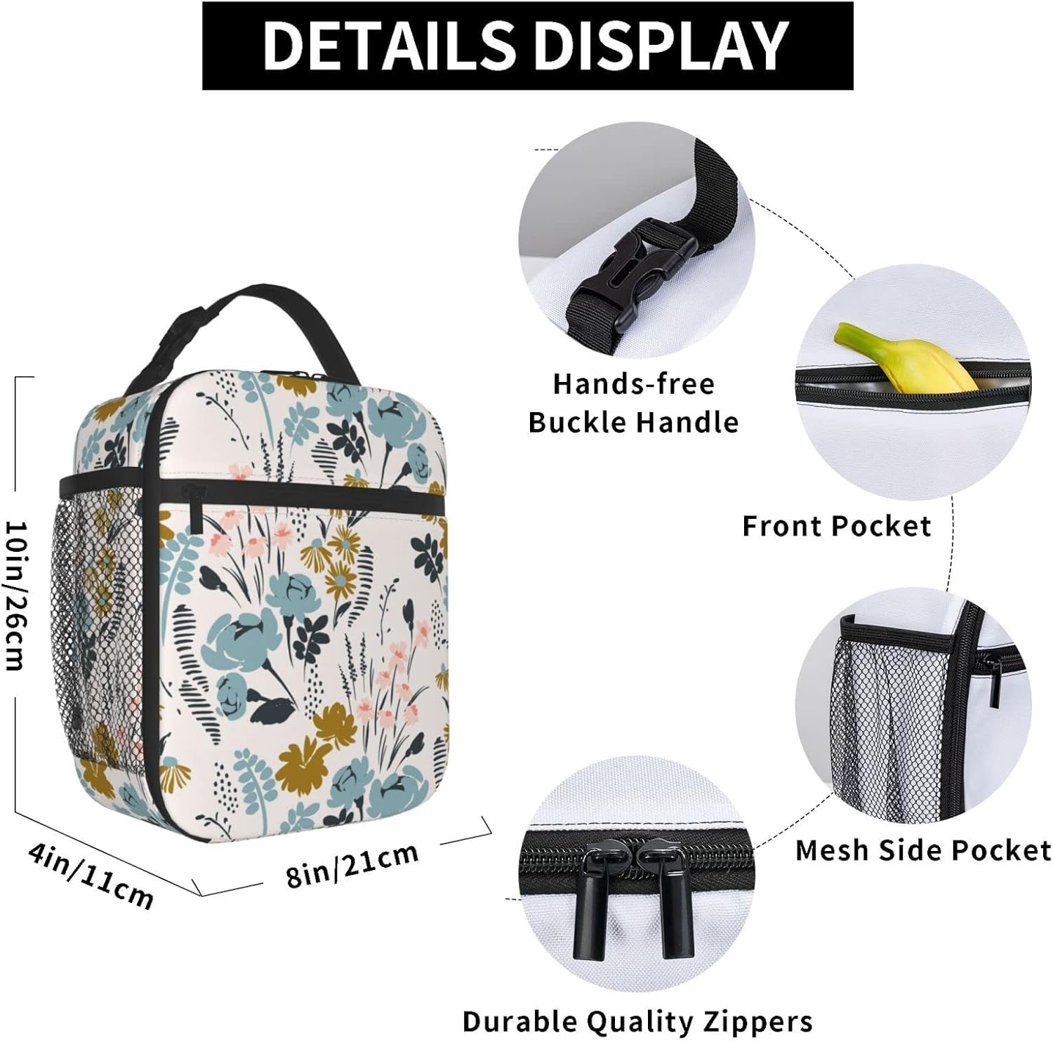 Bolsa de almuerzo con patrón floral, doble aislamiento, a prueba de fugas, bolsa de mano, organizador de almuerzo para trabajo, picnic, viajes,
