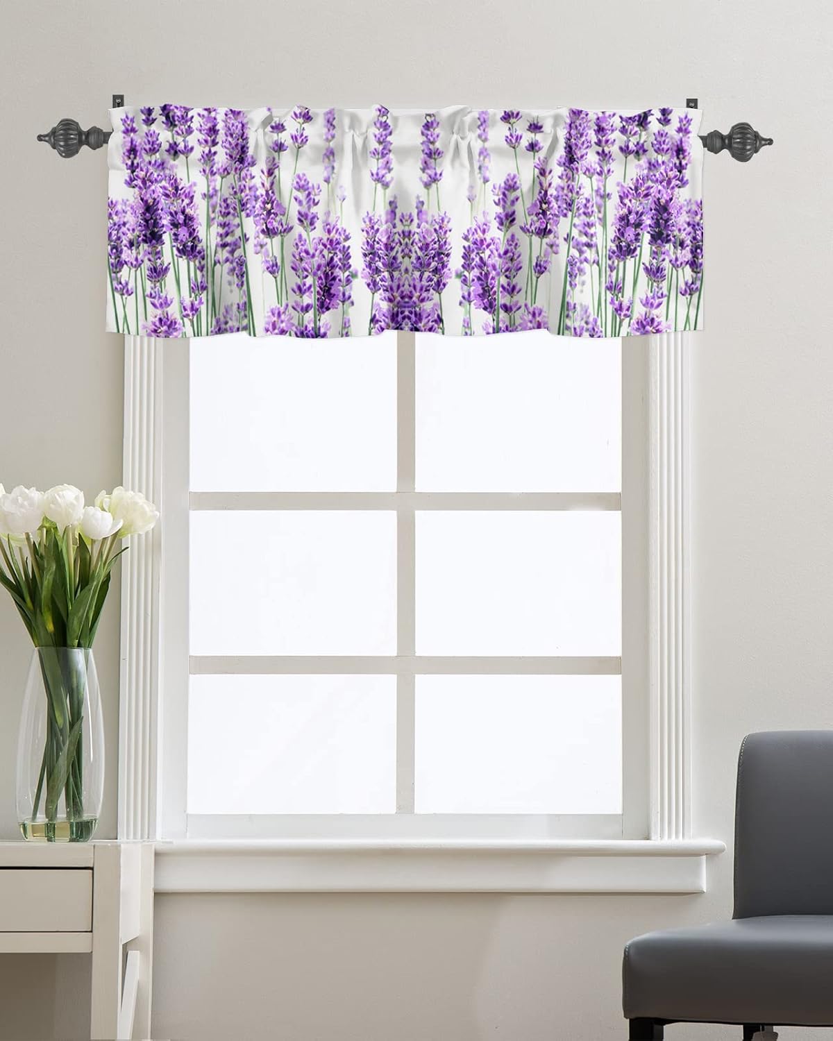 Cortina de cenefas de lavanda púrpura pastoral para cocina, cafetería, cenefa floral de primavera de 42 x 12 pulgadas, bolsillo para barra, cortinas