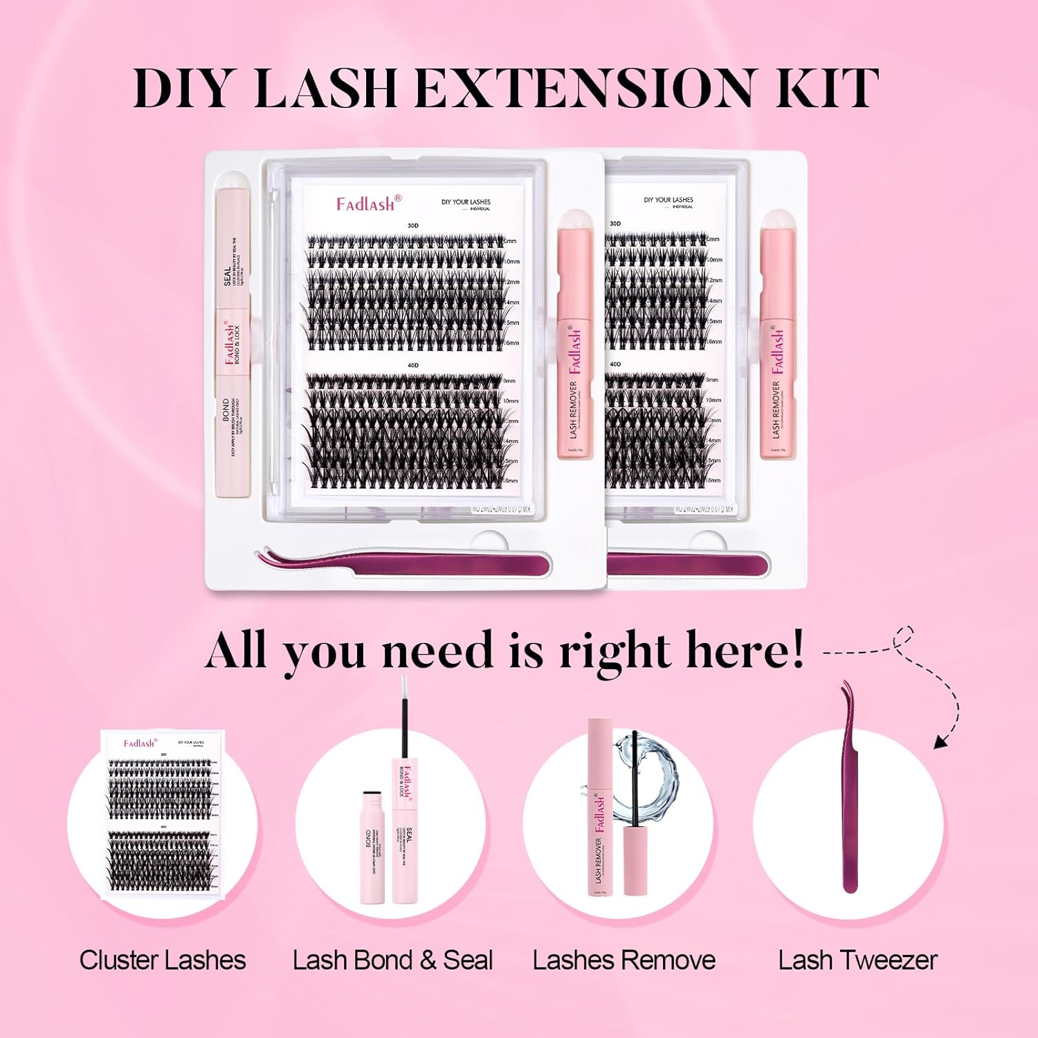 Kit de extensiones de pestañas, racimos de pestañas individuales, unión y sello de pestañas, removedor de pegamento de pestañas y pinzas para