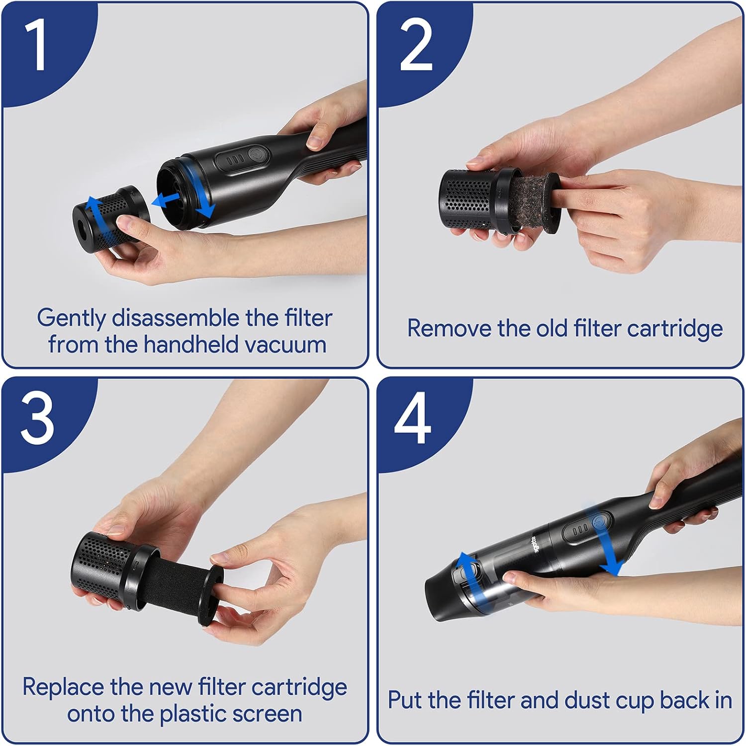 Bagotte Replacement Filters BHV10 Handheld Vacuum Cleaner, Washable Reusable Foam Filter and HEPA Filter for Effective Filtration, 4-Pack