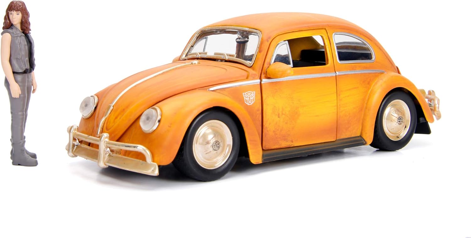 Jada Toys 253115000 Transformers Bumblebee VW Beetle Coche de juguete de fundido, puertas abiertas, bota y capó, figura de Charlie, escala 124,