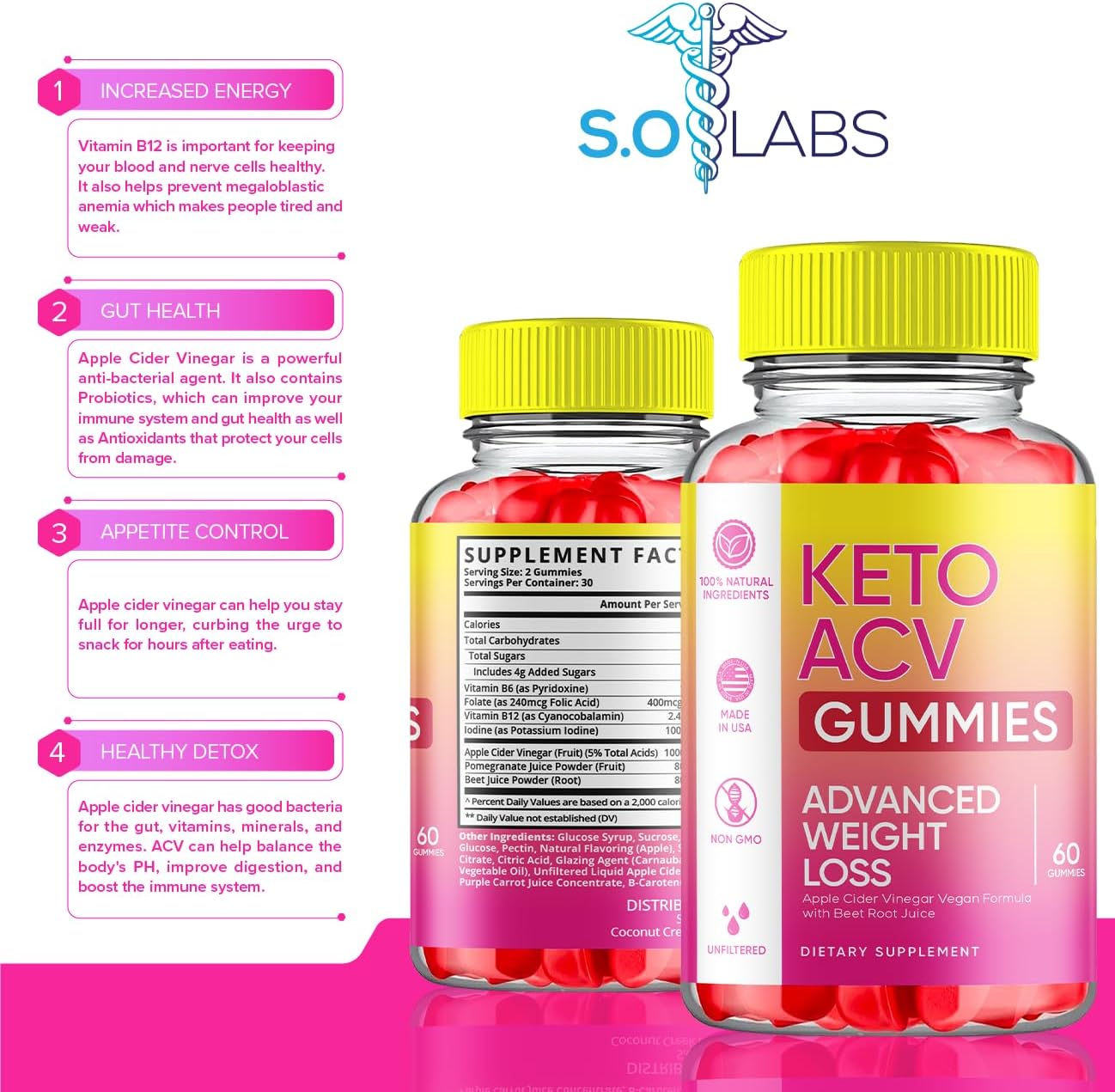 S.O Labs Keto ACV Gummies pérdida de peso avanzada, dieta quemador de grasa del vientre, suplemento de vinagre de sidra de manzana, keto+ACV