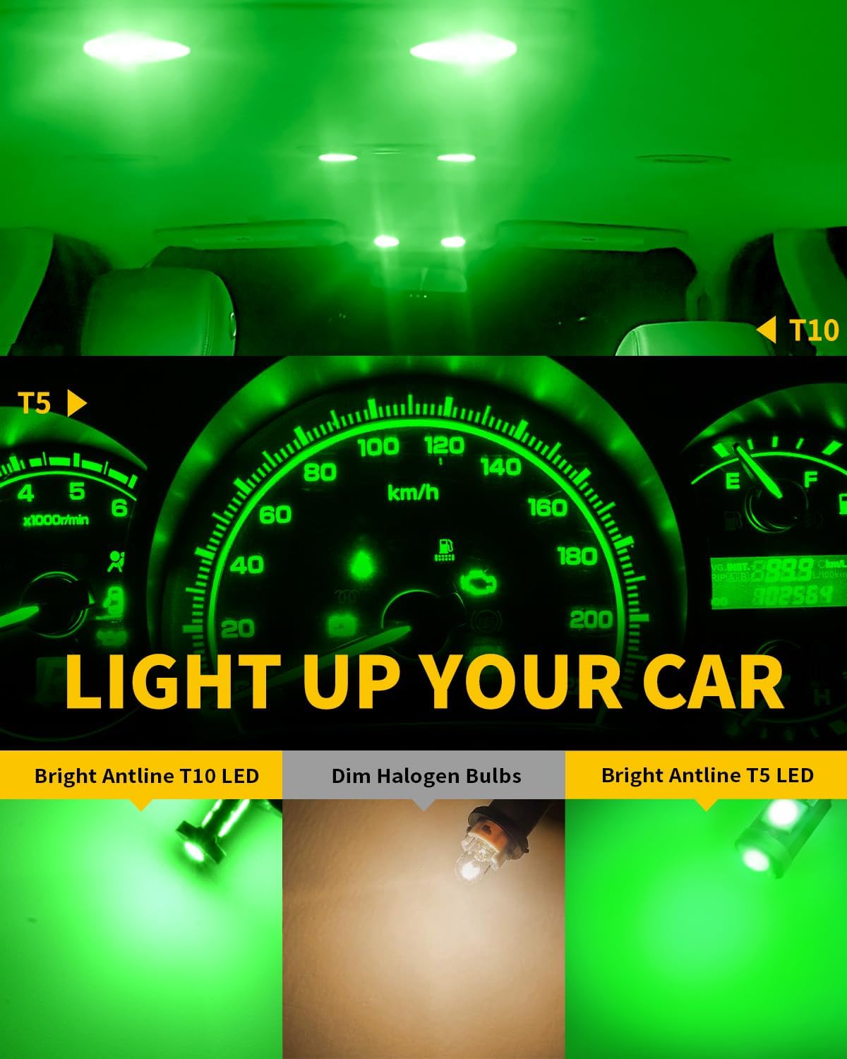 T5 37 74 73 2723 2721 194 T10 168 2825 W5W Bombilla LED verde, superbrillante PC74 PC37 PC168 PC194 PC161 Reemplazo LED para interior cúpula mapa