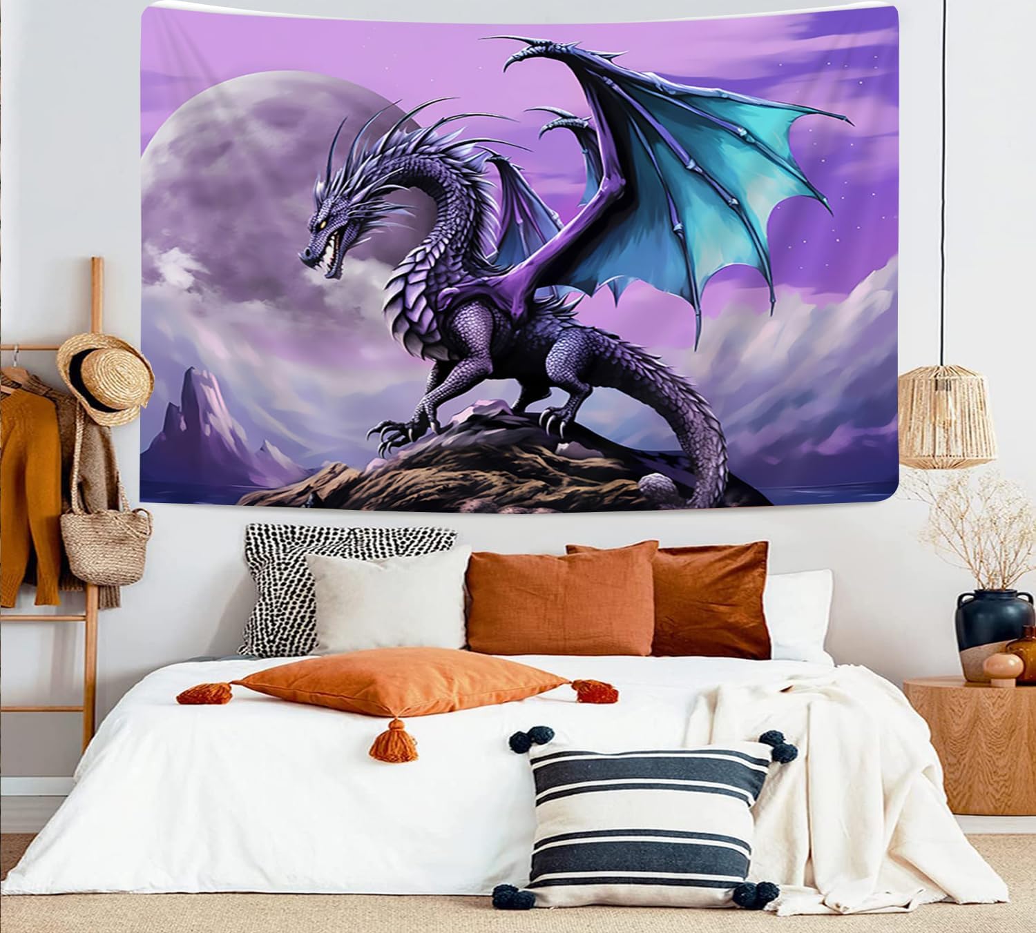 Tapiz de dragón púrpura Trippy, diseño de dragón psicodélico de la luna gótica anime en la montaña hippie Art Tapiz para dormitorio estético, tapiz