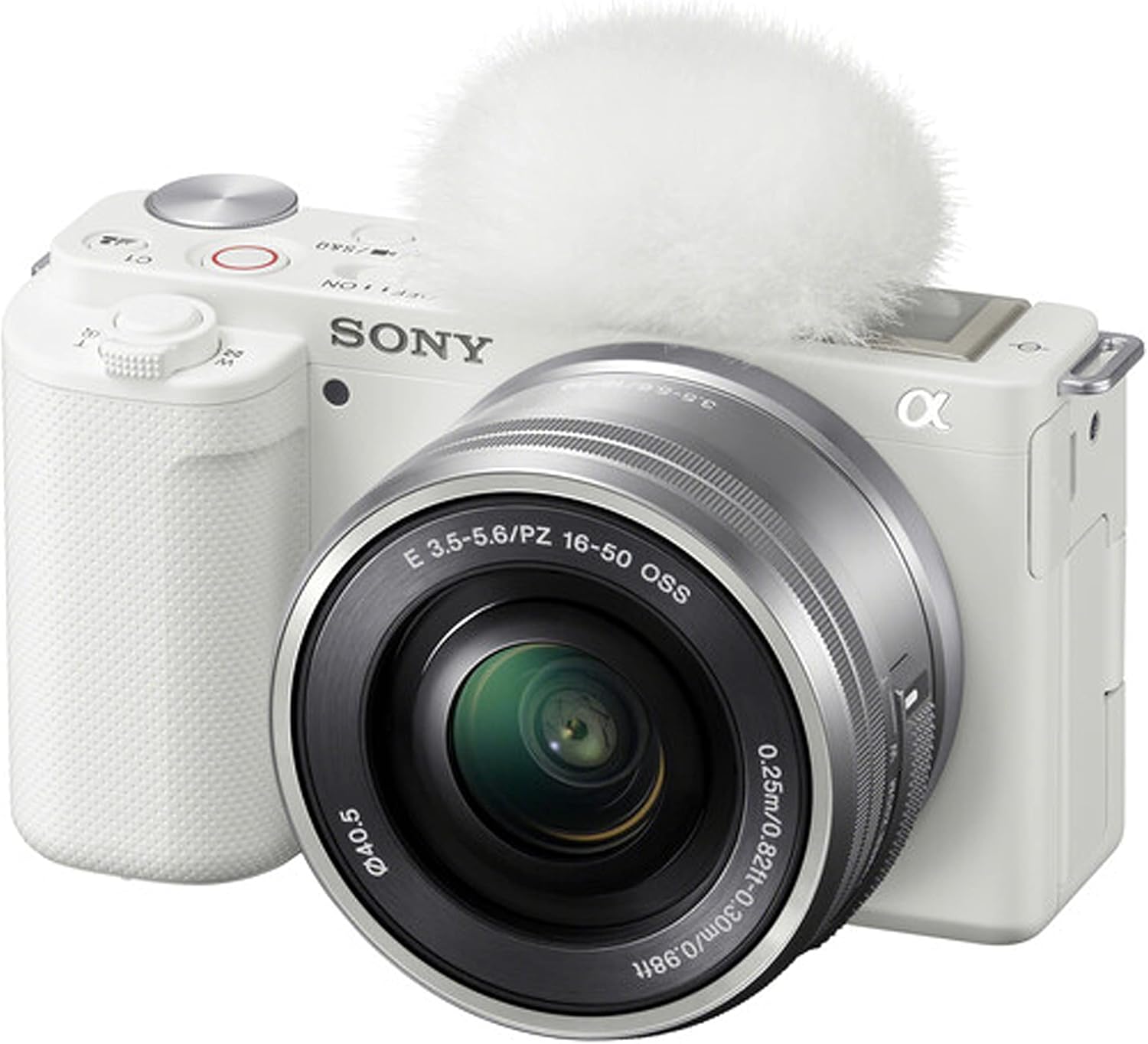 Sony ZV-E10 – Cámara sin espejo (blanco) con lente de 0.630-1.969 in + memoria de 128 GB + luz de video LED + funda, estuche de agarre estable,
