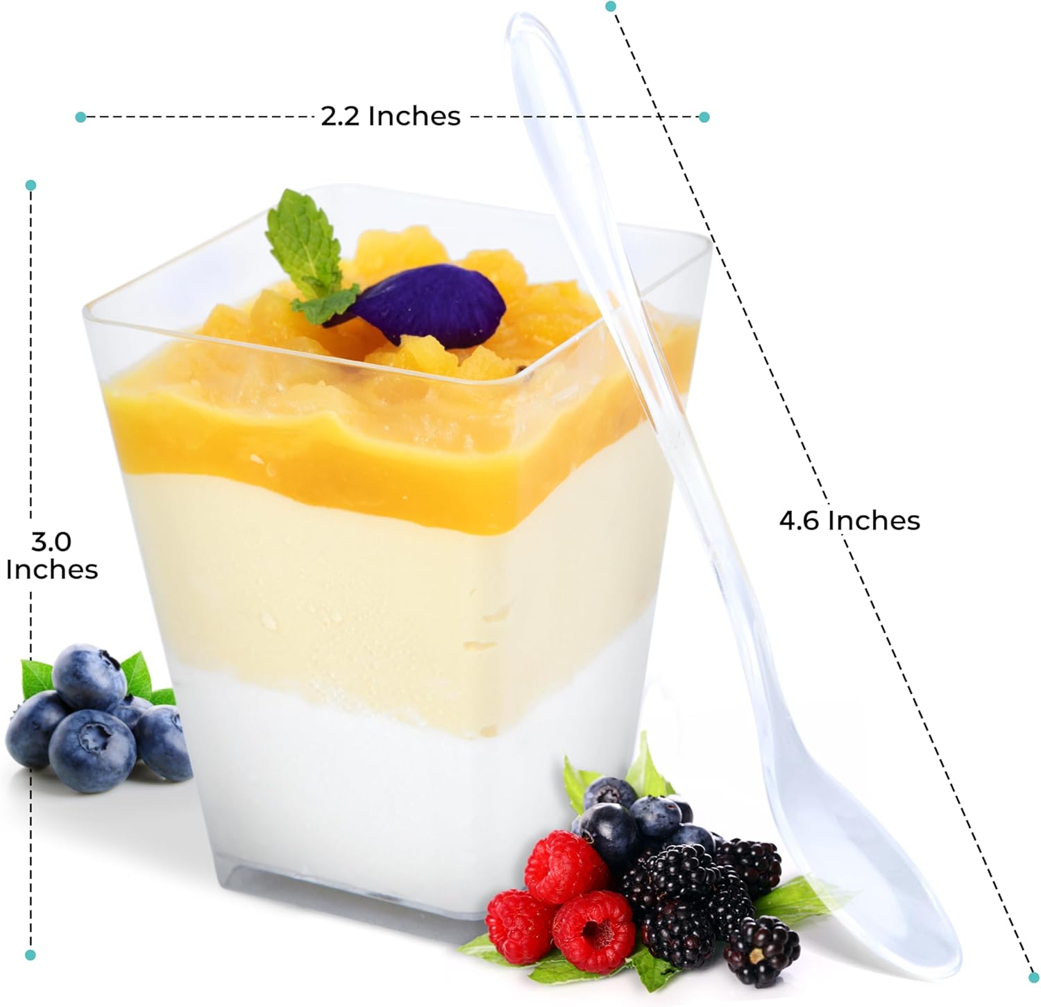 Paquete de 100 tazas y cucharas de postre de plástico de 5 onzas, tazas de parfait transparentes, mini tazas de postre con cucharas, tazas cuadradas