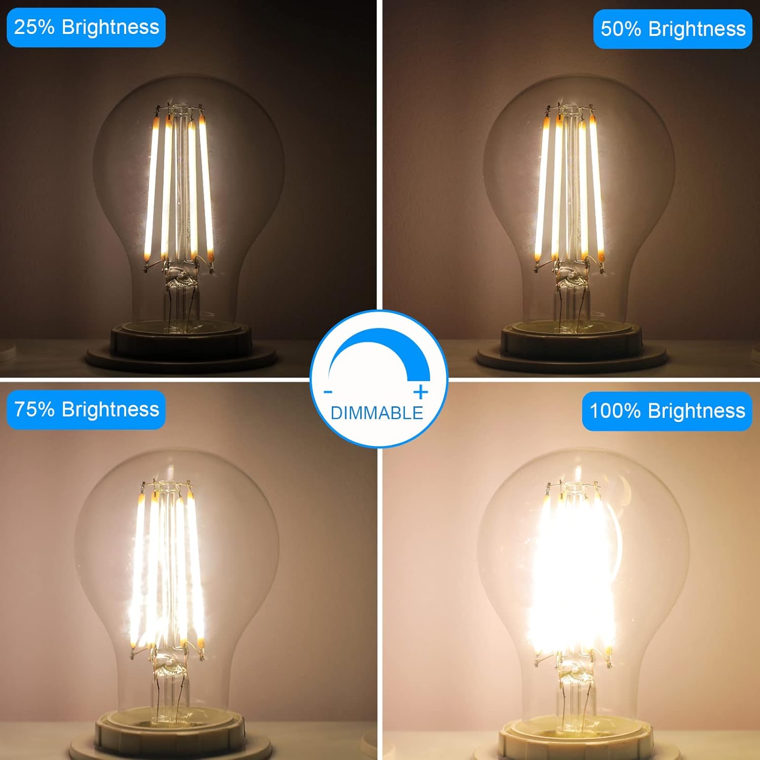 Energetic Bombillas LED de filamento regulables, 8 W, equivalente a 60 W, blanco cálido 3000 K, vidrio transparente clásico, bombilla LED A19,