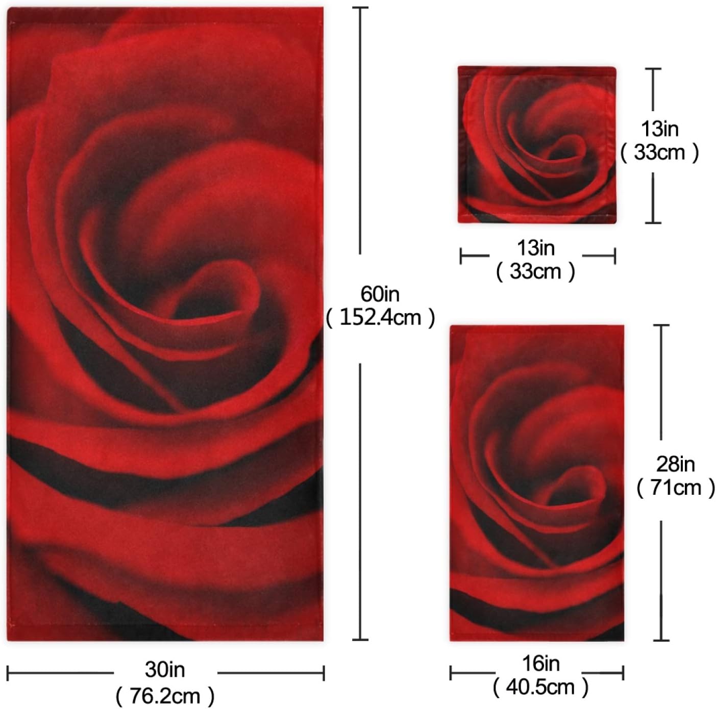Qilmy Juego de 3 toallas de baño con diseño floral de rosas rojas vívidas para cara, absorbente a mano, patrón de flores para gimnasio, baño, hogar,