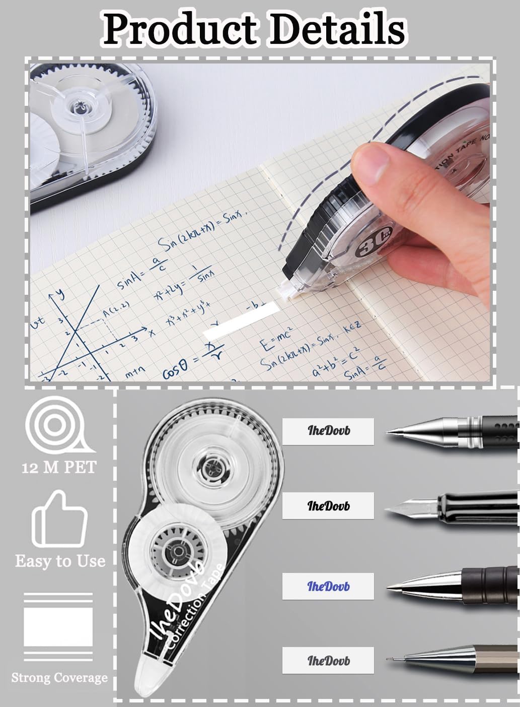 Cinta correctora blanca, 0.2 pulgadas x 39.4 pies, fácil de usar, cinta de corrección de rodillo para oficina, escuela, estudiantes, rellenos de