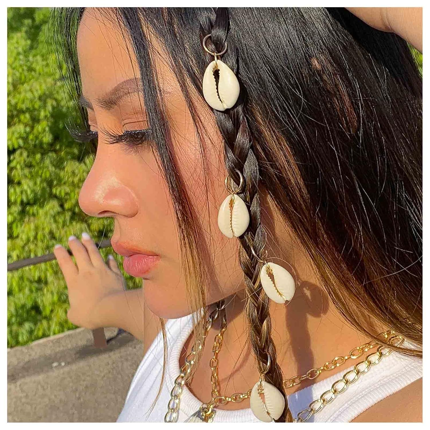 Andelaisi Anillos para el cabello con diseño de cauri de oro vintage, anillos de trenza de caurí de oro, diminutas rastas de caurí, anillo de rastas