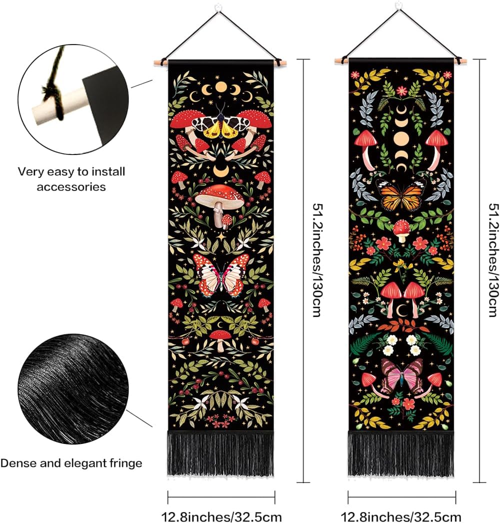 Paquete de 2 decoraciones para colgar en la pared de hongos, decoración hippie botánica vertical de pared, tapiz de planta de luna con borlas, tapiz