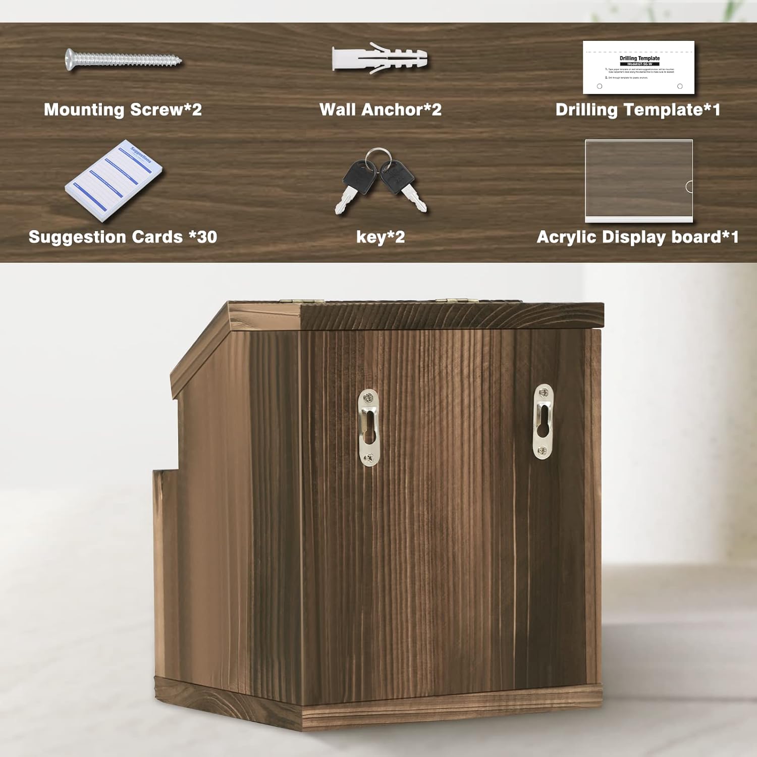 KYODOLED Caja de sugerencias de madera con candado montado en la pared, caja rústica de donación de llaves con soporte acrílico transparente y 30