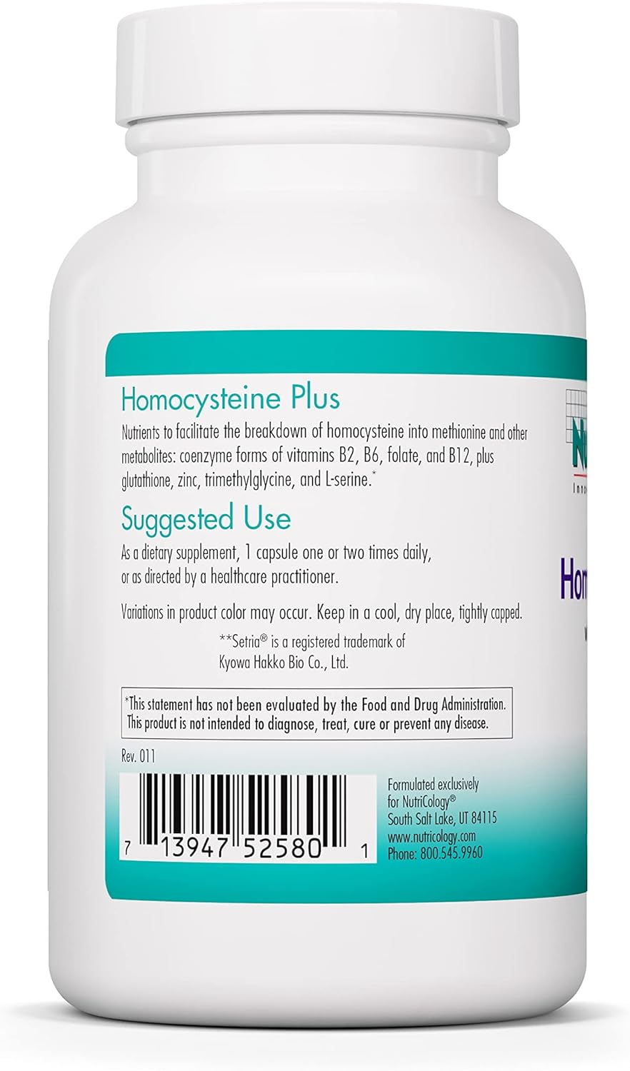 Nutricology Suplemento Homocisteine Plus – con glutatión de setria, complejo de vitamina B, trimetilglicina, cápsulas vegetarianas – 90 unidades
