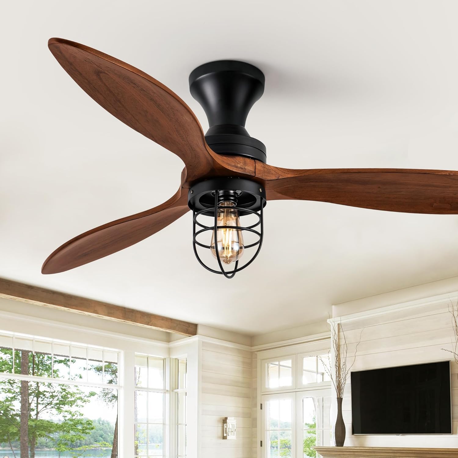 Ventilador de techo de perfil bajo de 52 pulgadas con luces, moderno ventilador de techo de dormitorio con control remoto de 3 aspas de madera,