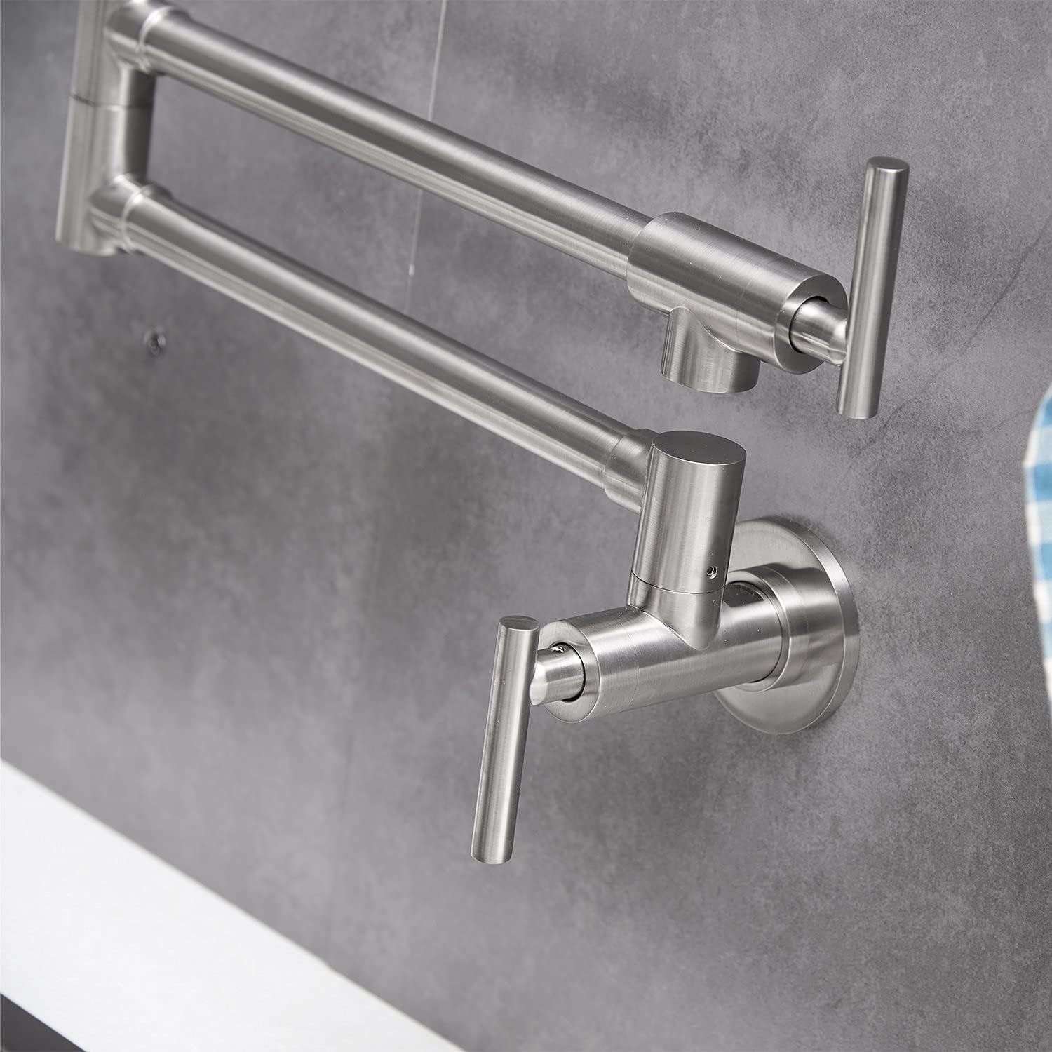 Grifo de llenado de ollas de níquel cepillado, montaje en pared, grifos de cocina comerciales de latón plegable y elástico con un solo orificio dos