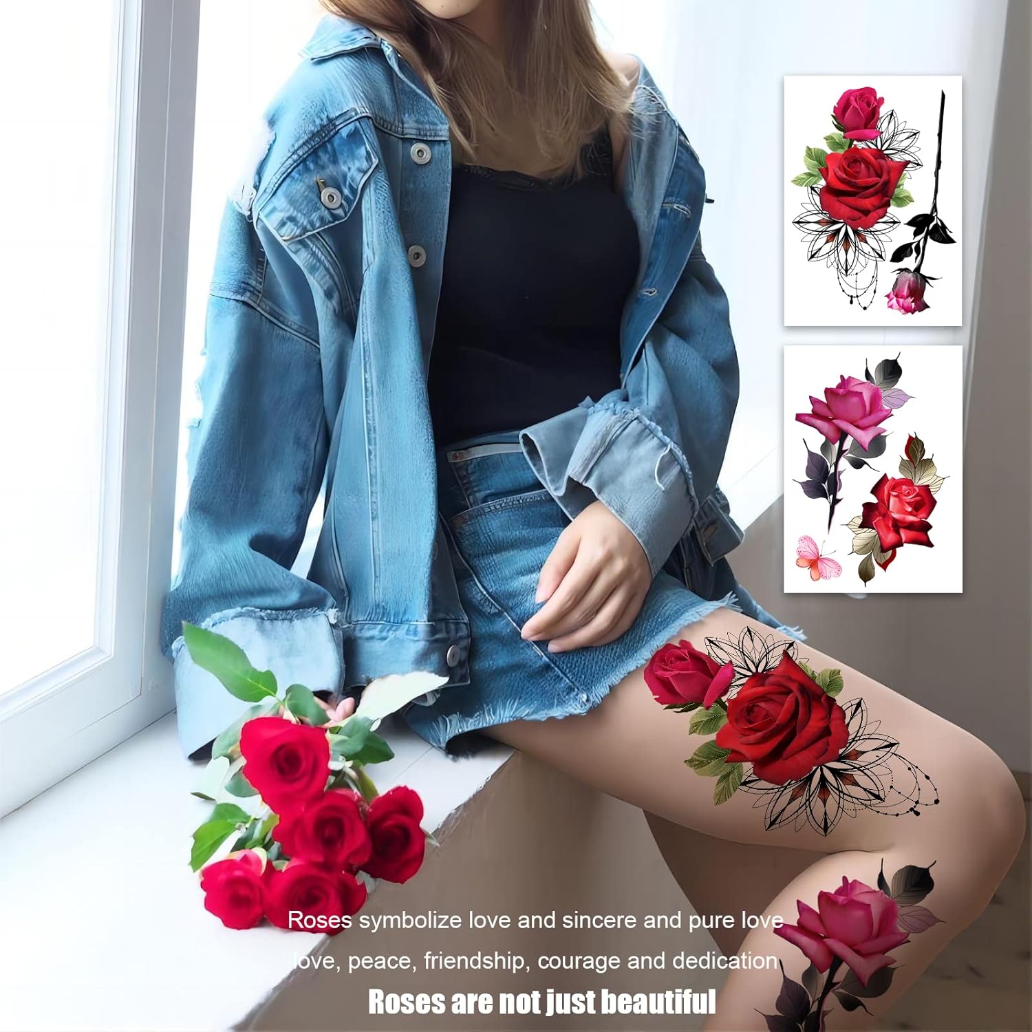 ROARHOWL Impresionantes tatuajes temporales de flores de rosas, tatuajes falsos de rosas grandes para mujer, juego de tatuajes de rosas (rosa 3)