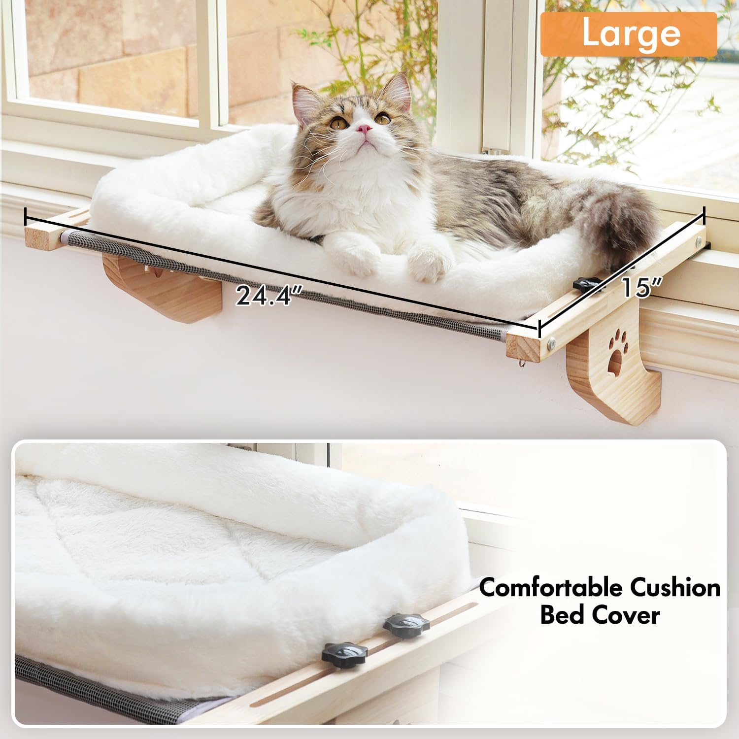 AMOSIJOY Asiento de hamaca resistente para gatos con funda de cama acolchada, marco de madera y metal para gatos grandes, fácil de ajustar alféizar