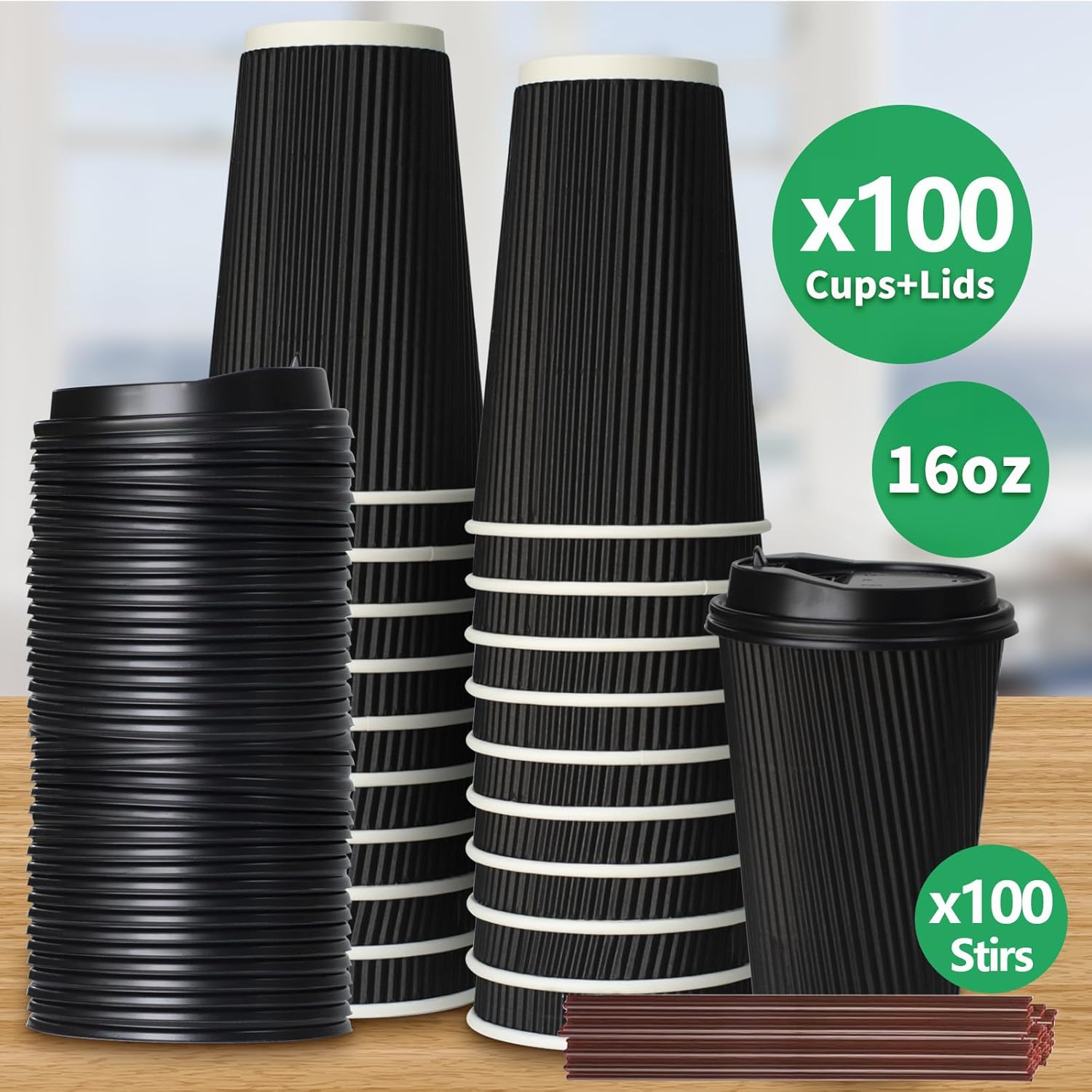 Tazas de café de papel desechables de 16 onzas con tapas, 100 unidades, tazas desechables aisladas con funda de doble pared, perfectas para bebidas