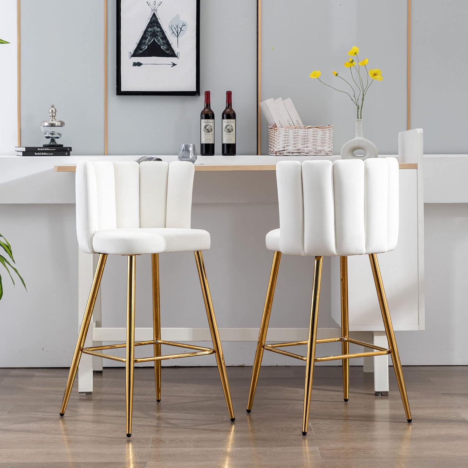 Velvet – Taburetes de bar de 30 pulgadas de altura de barra, juego de 2 taburetes de cocina modernos, sillas tapizadas con patas de metal dorado