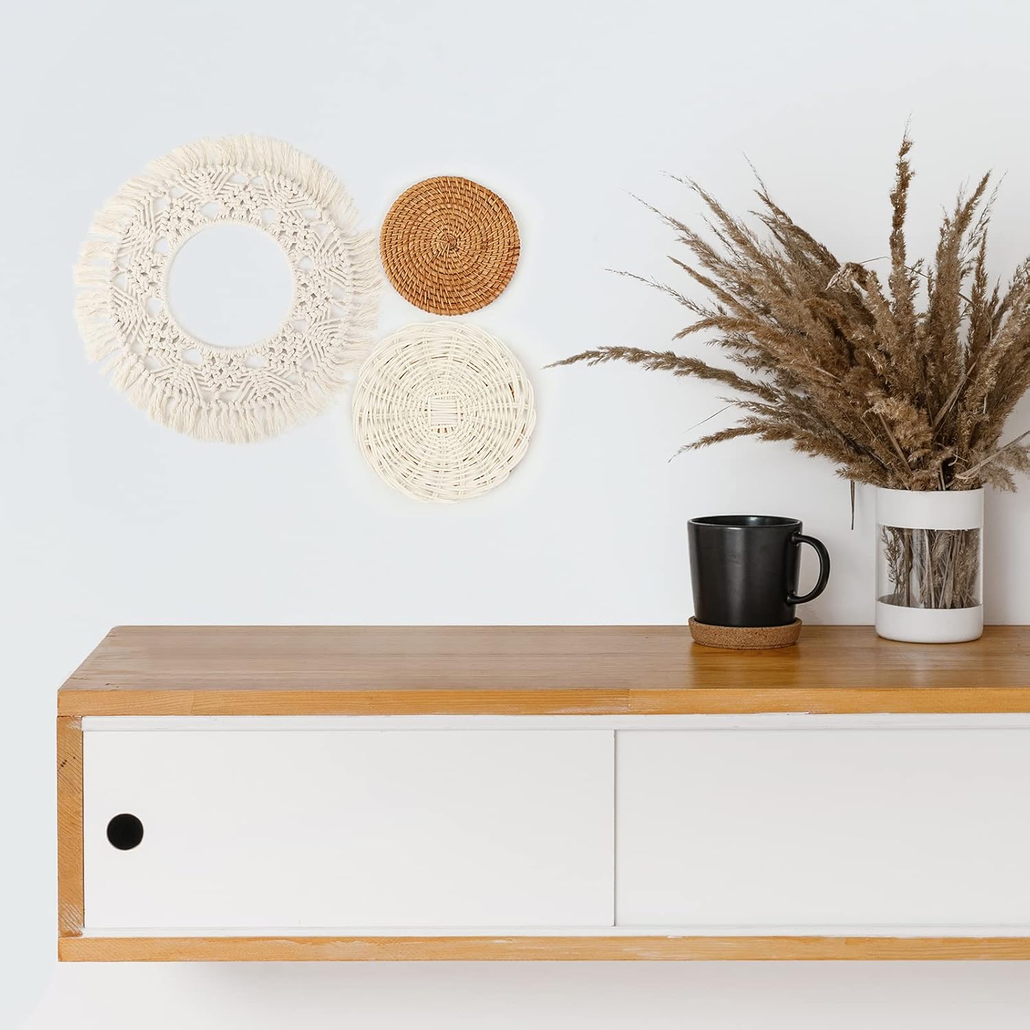 Juego de 8 cestas de pared bohemias para decoración de pared, cesta tejida plana, juego de decoración de pared de ratán, cesta redonda de bambú para
