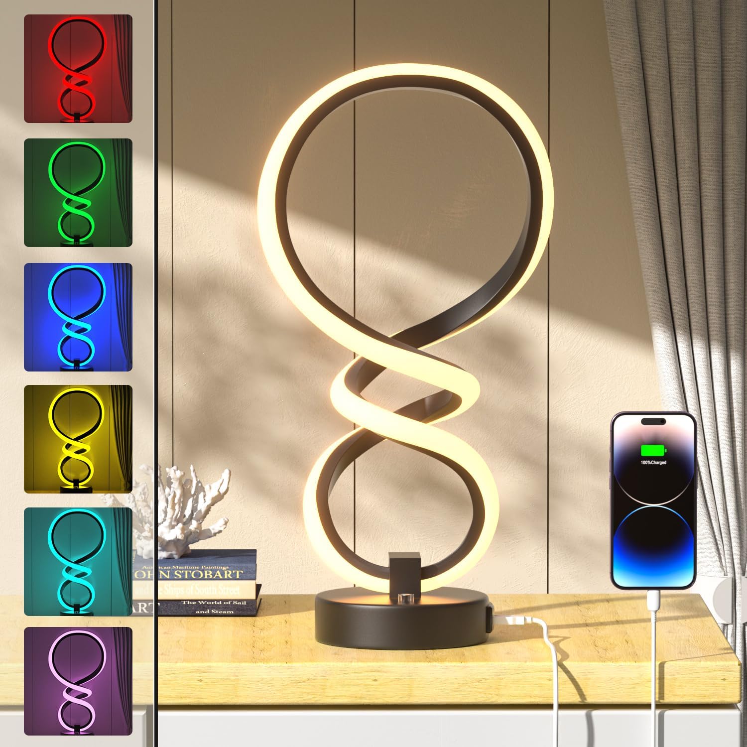 Lámpara de mesa LED moderna, 7 colores y 10 modos de luz, lámparas en espiral, lámpara de mesita de noche RGB regulable táctil con puerto de carga