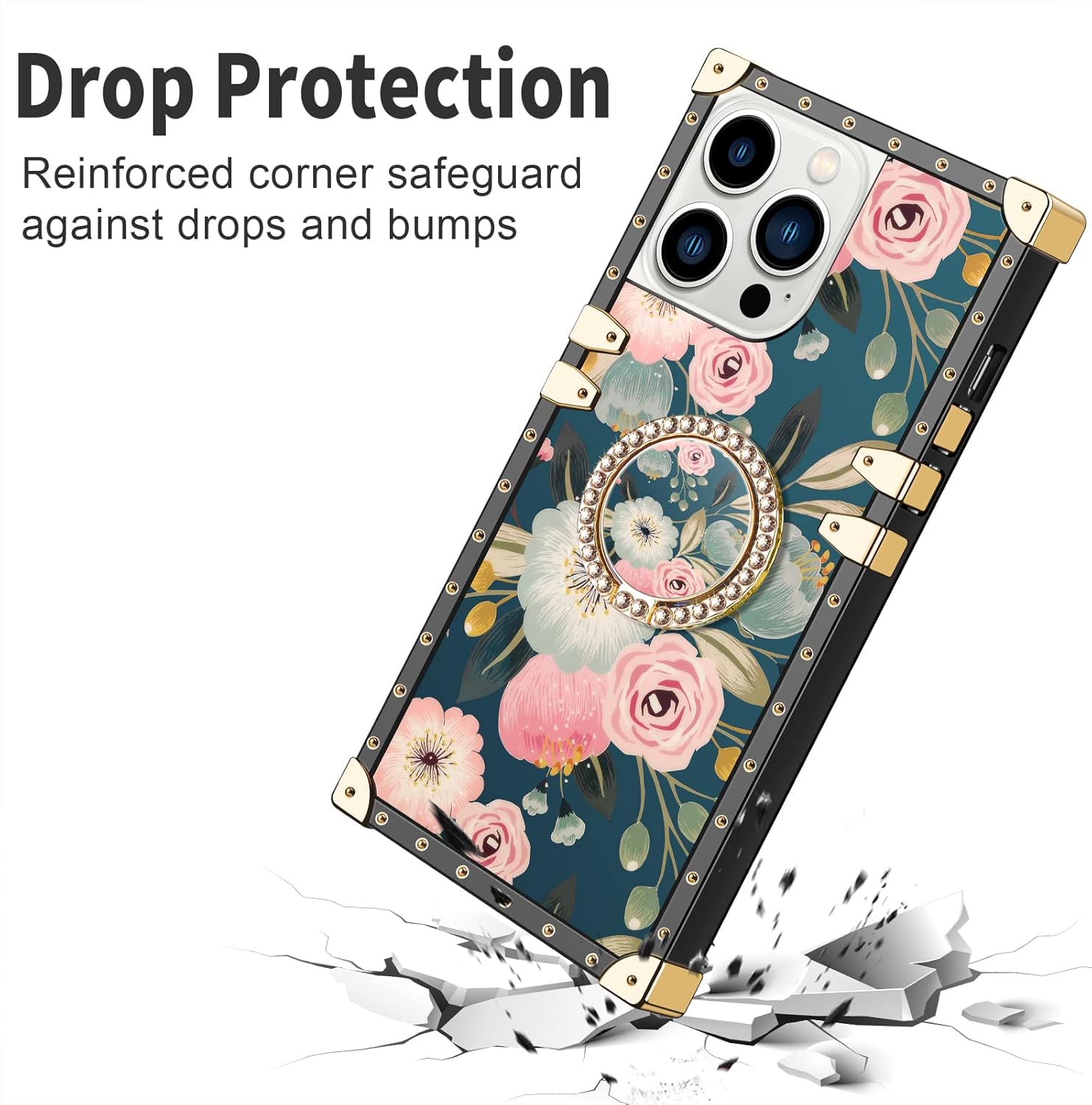 WOLLONY Funda cuadrada compatible con iPhone 15 Pro Max con anillo de soporte, para mujeres y niñas, TPU suave, a prueba de golpes, de silicona
