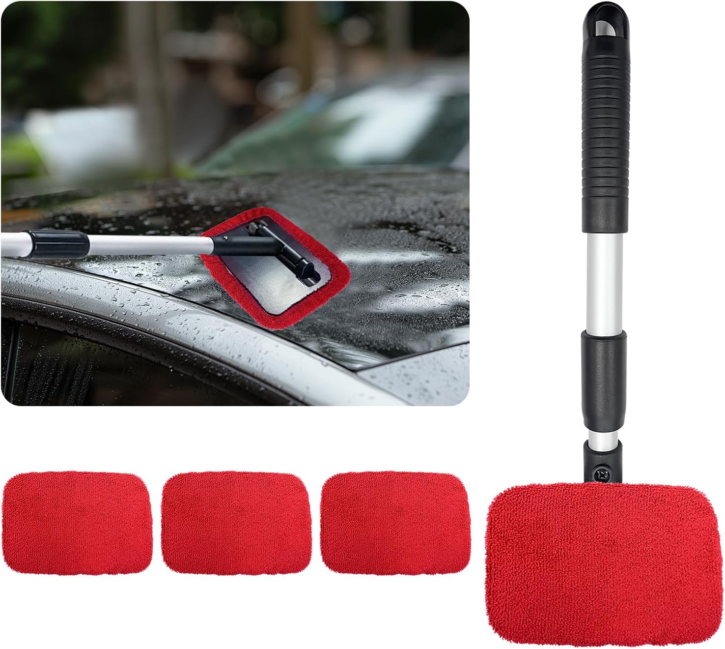 Limpiador de parabrisas de automóvil, limpiaparabrisas de microfibra con mango extensible de aluminio y 2 cabezales de almohadilla de tela lavables
