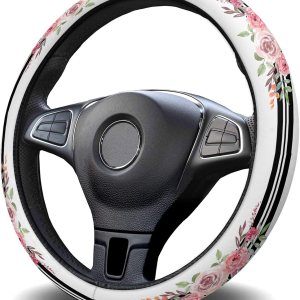 Car Steering Wheel Cover, Florals Black White Stripes Flower Elastic Stretch Sponge Steering Wheels Protective Cover for Vehicles Trucks SUVs Car Steering Wheel Cover, Florals Black White Stripes Flower Elastic Stretch Sponge Steering Wheels Protective Cover for Vehicles Trucks SUVs