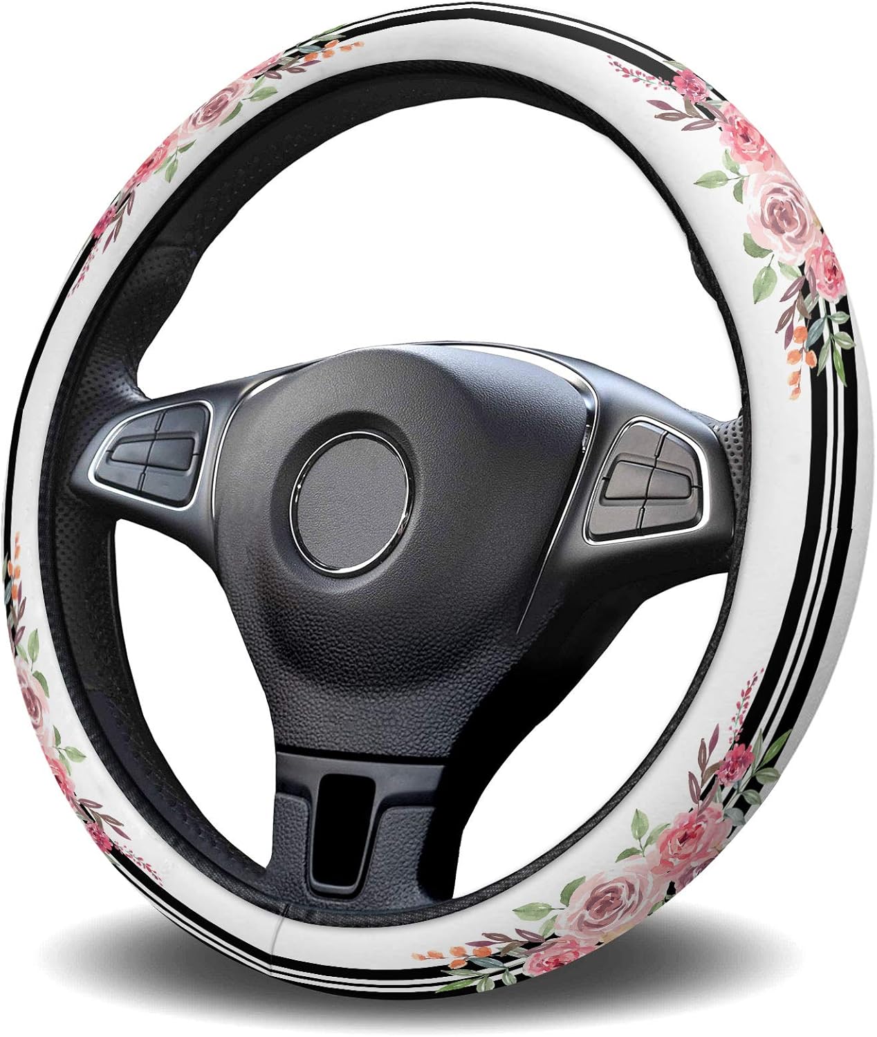Car Steering Wheel Cover, Florals Black White Stripes Flower Elastic Stretch Sponge Steering Wheels Protective Cover for Vehicles Trucks SUVs
