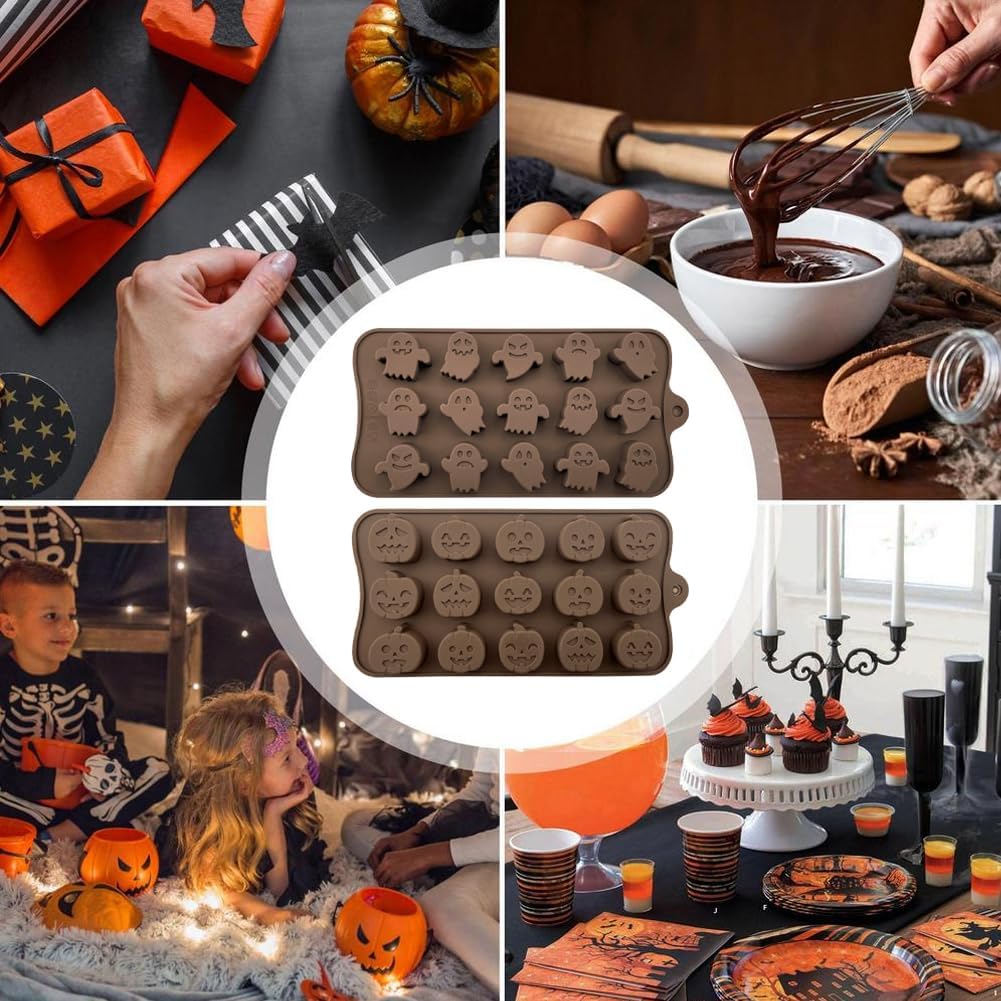 Paquete de 2 moldes de silicona con forma de calabaza y fantasma, moldes para hornear galletas de chocolate para Halloween, formas de calabaza y
