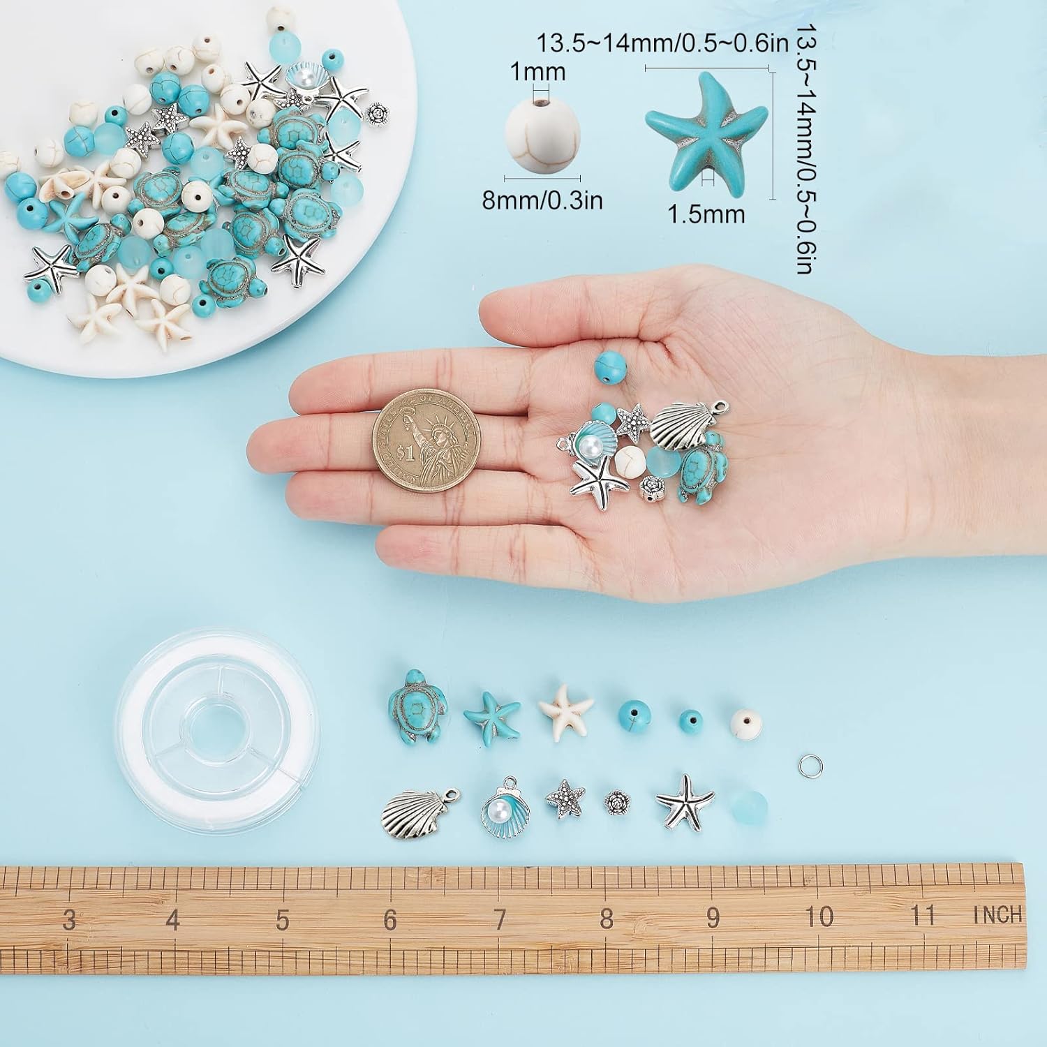 SUNNYCLUE 1 caja de bricolaje de 6 piezas de cuentas de turquesa con temática oceánica de verano de 0.315 in, dijes de concha, kit de fabricación de