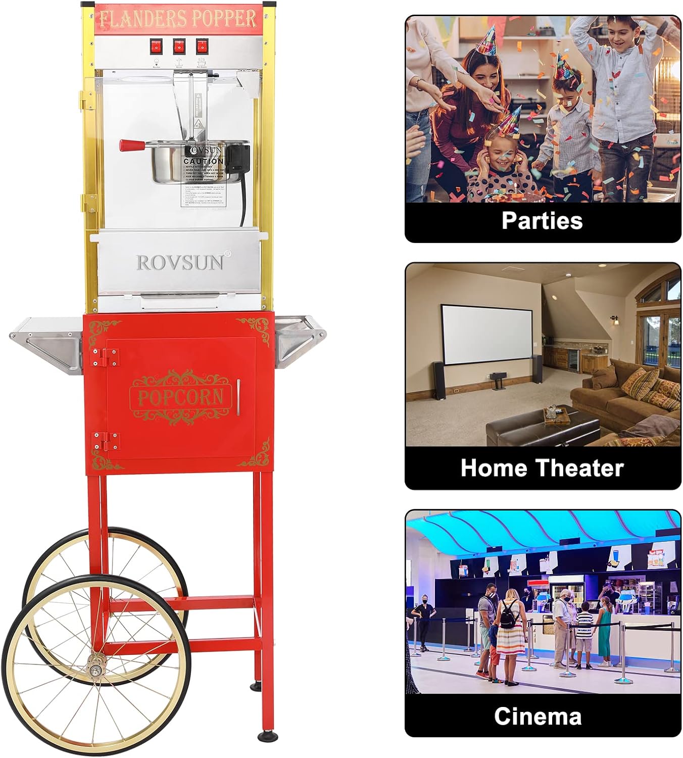 ROVSUN Popcorn Machine Movie Theater Style with Cart & Wheels, 8 Ounce Kettle Makes Up to 32 Cups Popcorn Maker with Popcorn Scoop, Oil Spoon & 3