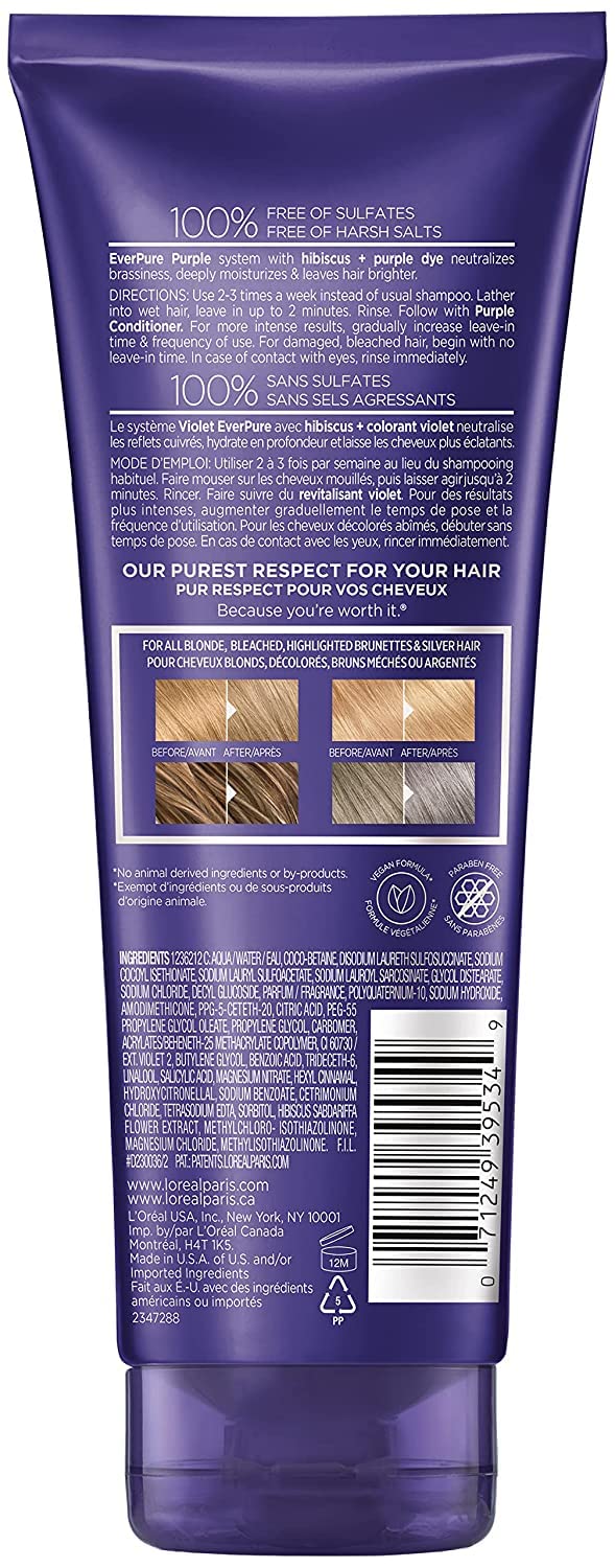 L’Oreal Paris Hair Care EverPure Champú morado tonificante de latón sin sulfato para cabello rubio, decolorado, plateado o marrón, 6.8 onzas