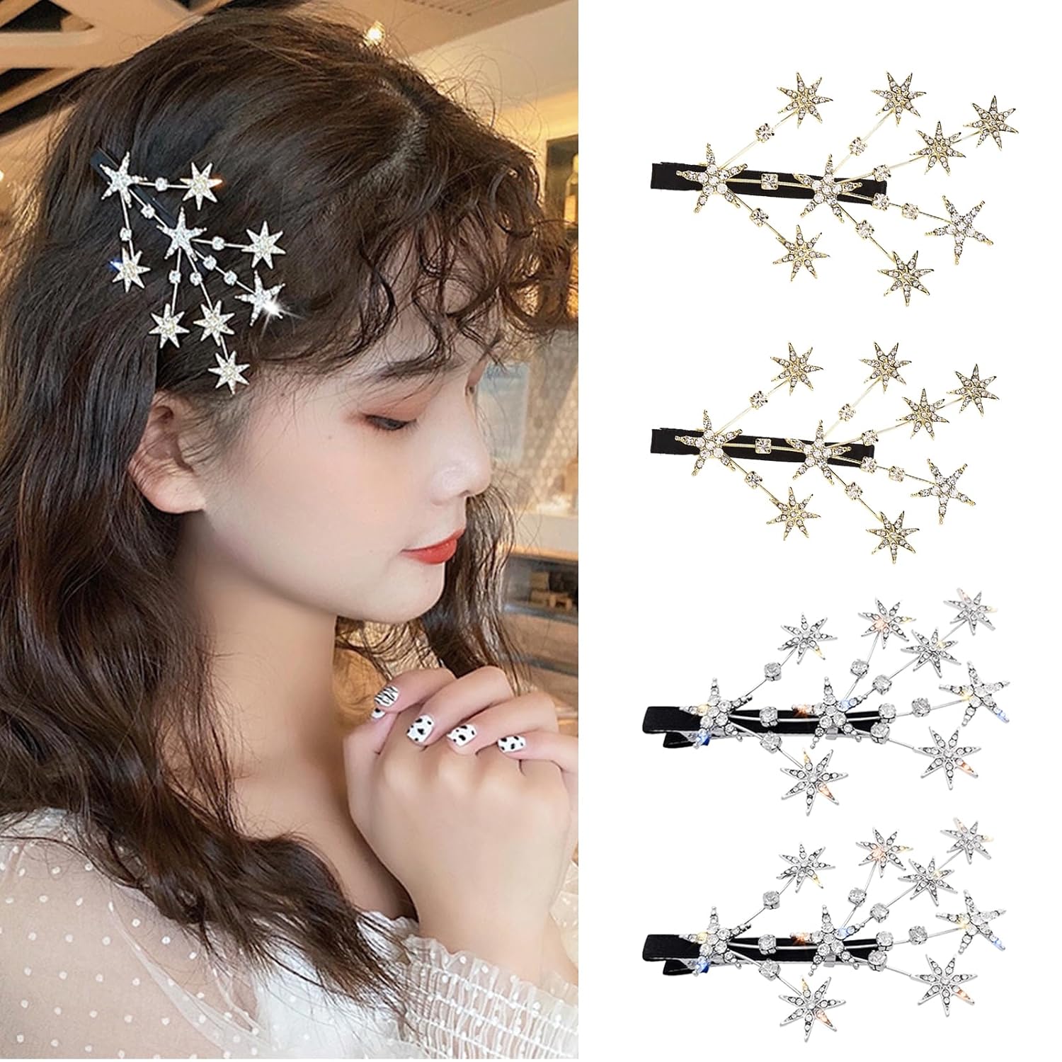 4 pinzas de metal con diamantes de imitación de estrella de cinco puntas para mujeres y niñas, tocados decorativos de cristal, accesorios brillantes