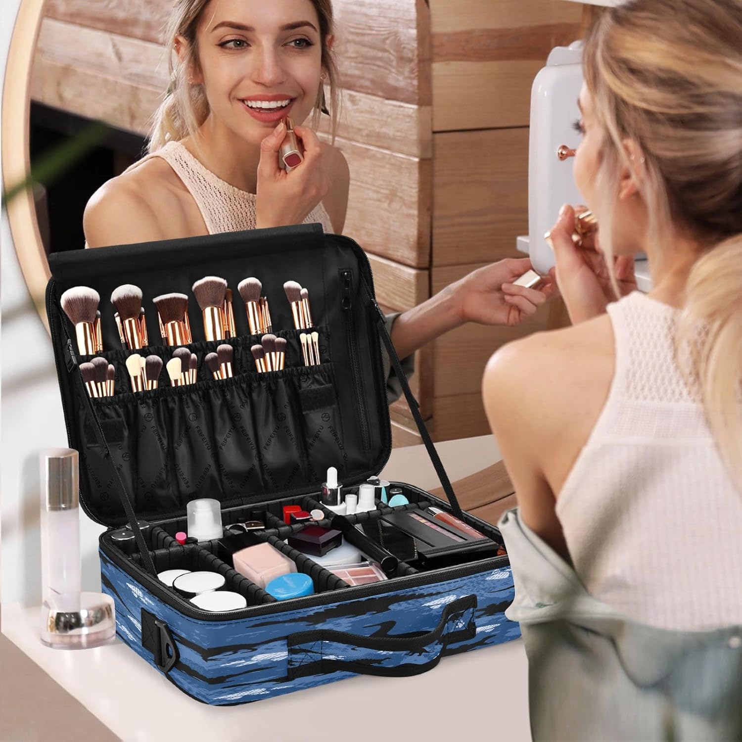 Dinosaurio azul lindo dibujos animados cosméticos bolsas de viaje para mujeres aseo bolsa de viaje bolsa de maquillaje organizador bolsa de