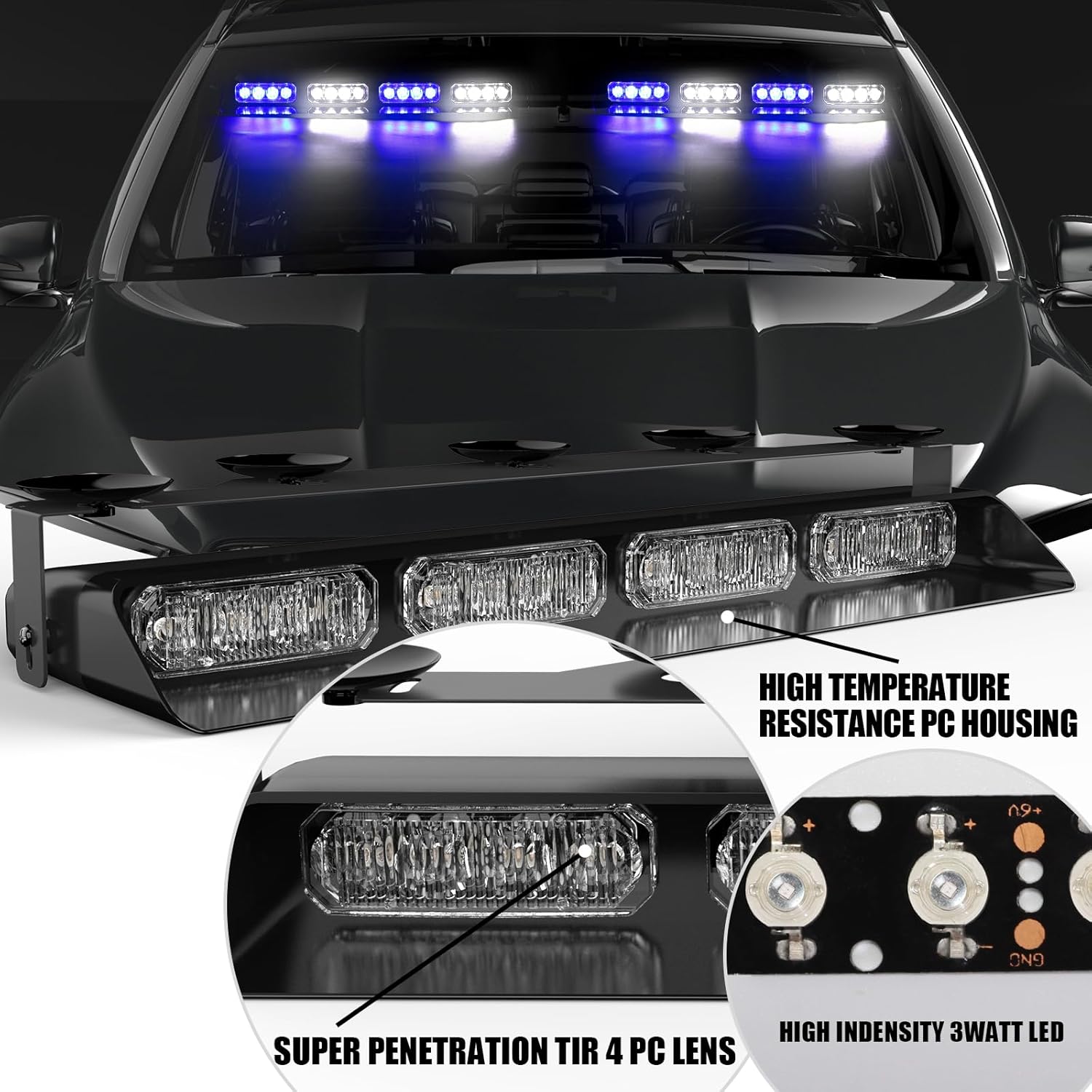 Luces de policía estroboscópicas de emergencia azul y blanco, peligro de advertencia intermitente de seguridad interior para parabrisas