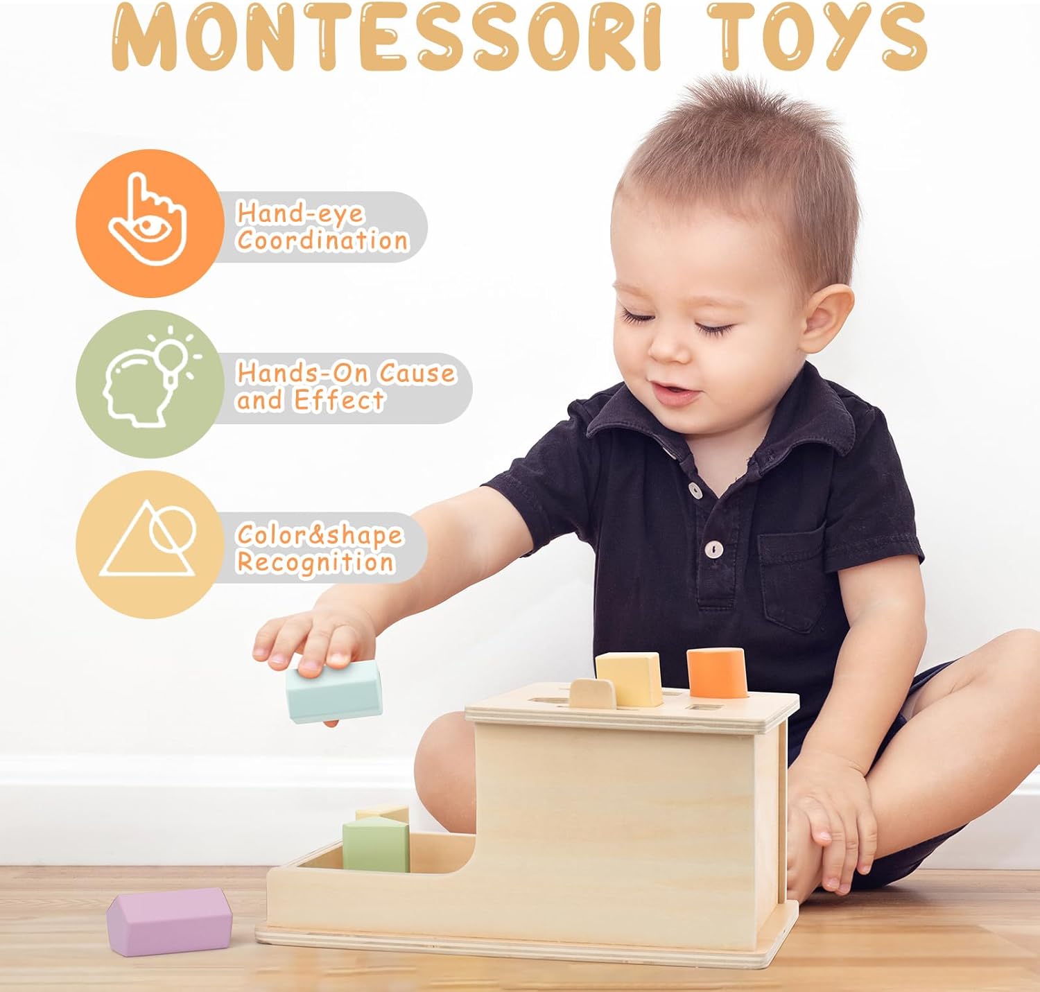Busy edition Montessori Toys – Caja de permanencia con 6 bloques de madera, juguetes Montessori para bebés de 6 a 12 meses, juguetes de madera para