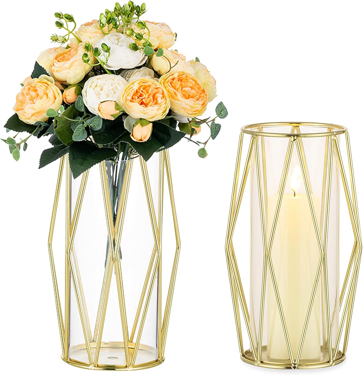 Nuptio Portavelas de pilar dorado 2 portavelas de cristal para huracanes con soporte geométrico de metal para centros de mesa de boda, fiesta de