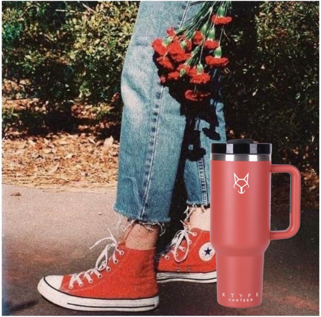 KTYPE Kanteen Vaso de acero inoxidable de 40 onzas con asa, tapa y pajita, recubierto de polvo o recubierto de goma, aislamiento al vacío de doble