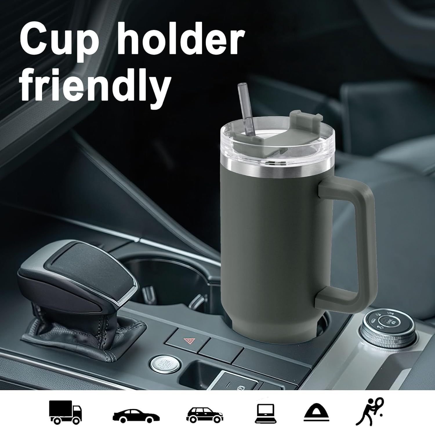 CusCosCes Vaso de 40 onzas con asa y pajilla, taza de viaje de café para regalo, apto para portavasos y aislamiento a largo plazo, color negro
