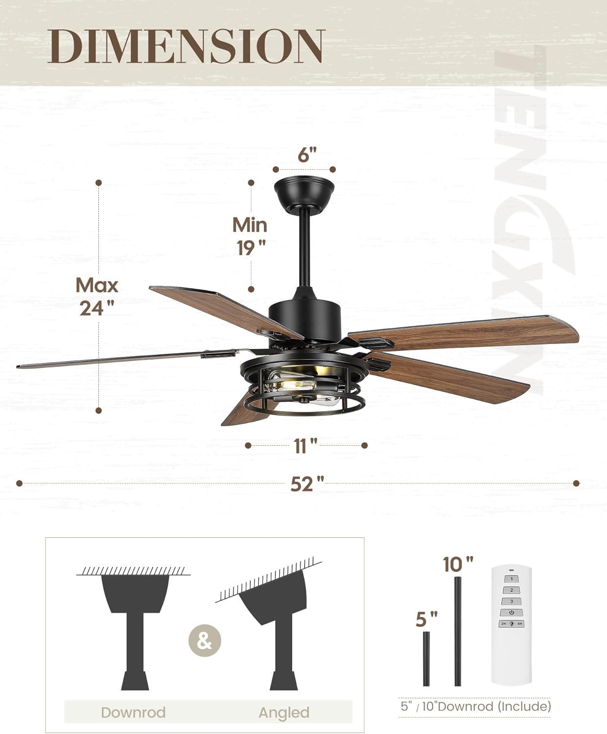 TENGXIN TXCF-BK001 – Ventilador de techo industrial de 52 pulgadas con luz y control remoto, ventilador de techo negro mate con 5 cuchillas