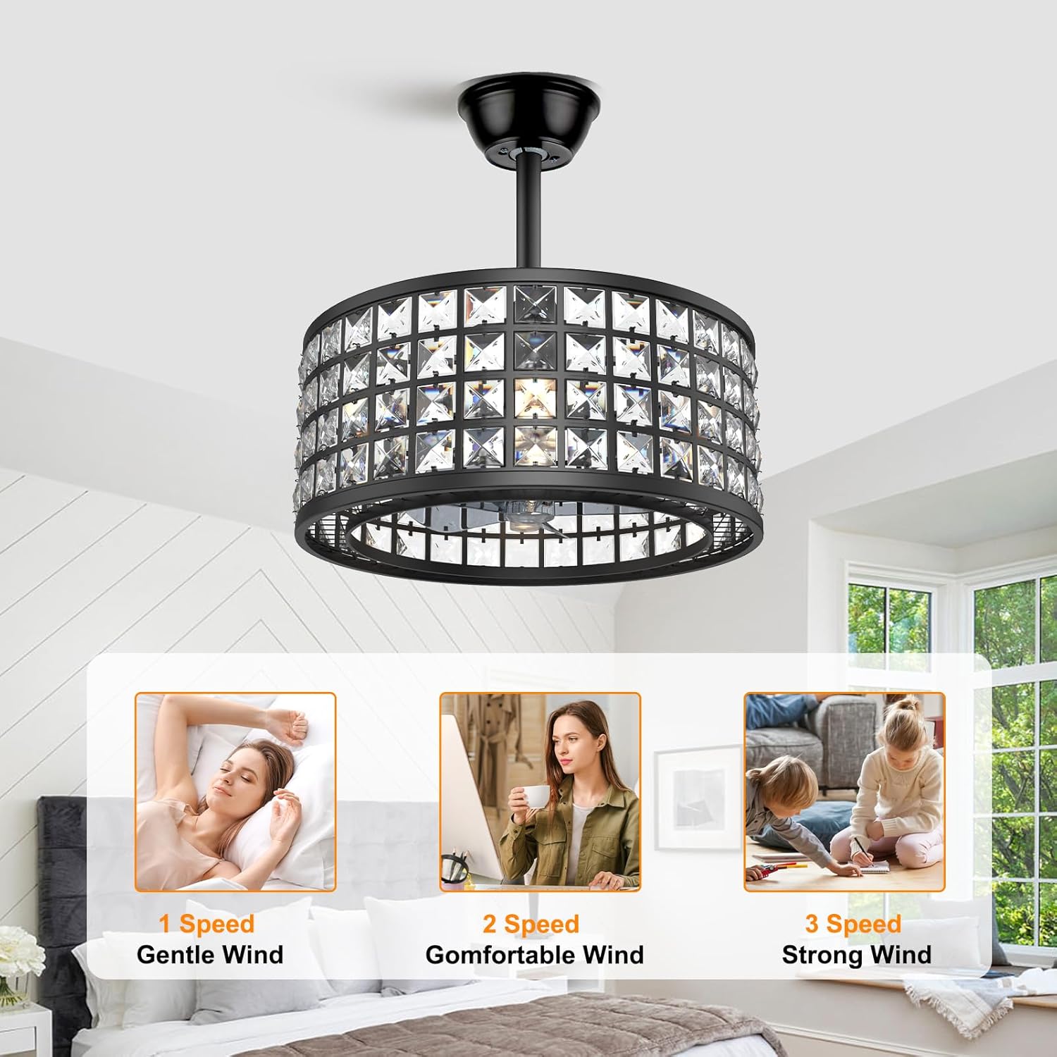 YOYWE Ventiladores de techo de cristal con luces, ventilador de techo de cristal enjaulado con luz y control remoto, 3 colores, 3 velocidades,