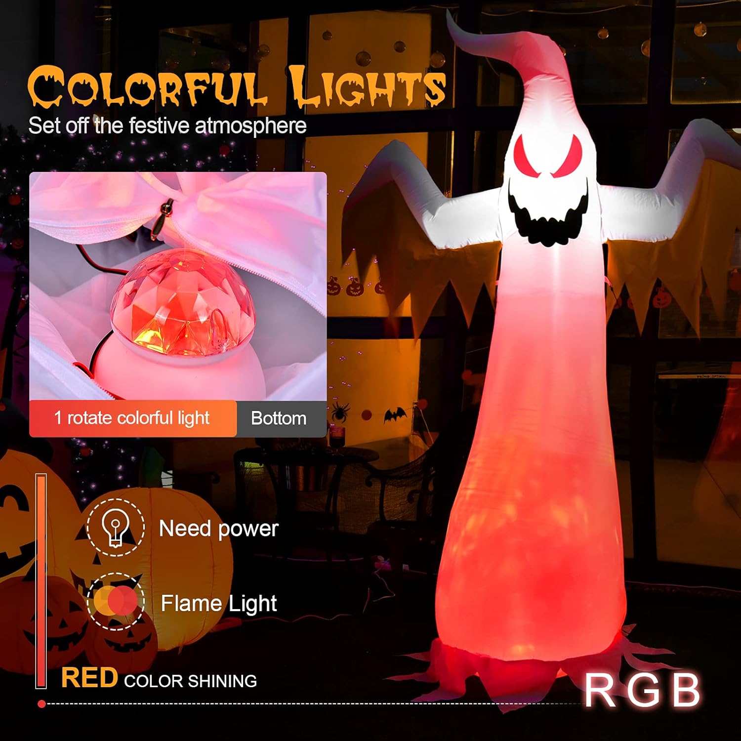 COSTWAY Fantasma blanco inflable de Halloween de 8 pies con luces LED de llama giratoria, decoración de fantasma gigante para patio al aire libre,