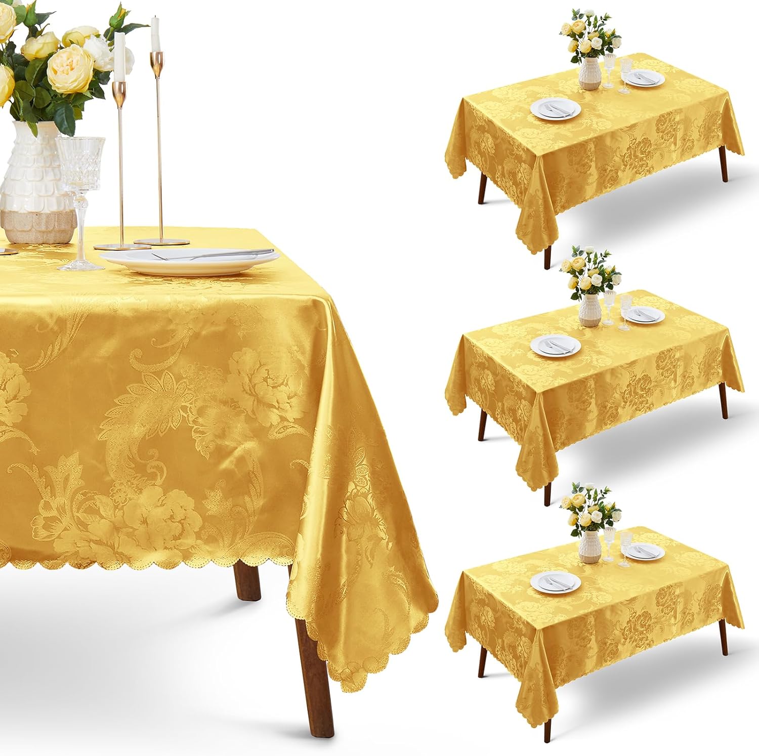 KKJIAF Paquete de 4 manteles jacquard de satén dorado de 60 x 102 pulgadas, mantel rectangular de damasco con patrón de peonía, mantel de satén de