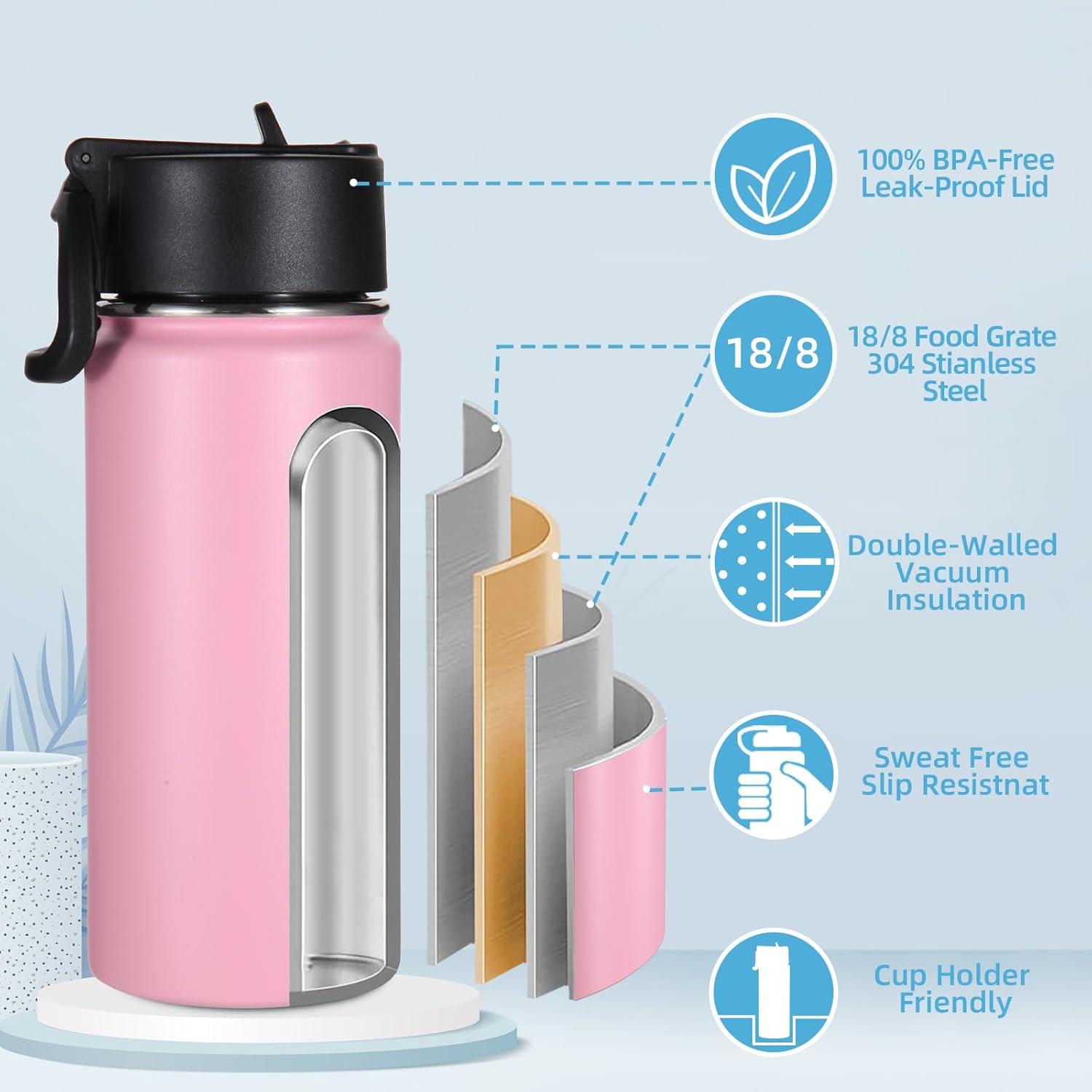 Volhoply Botella de agua aislada para niños con popote, botellas de agua fría de acero inoxidable de 16 onzas para la escuela, vasos de boca ancha