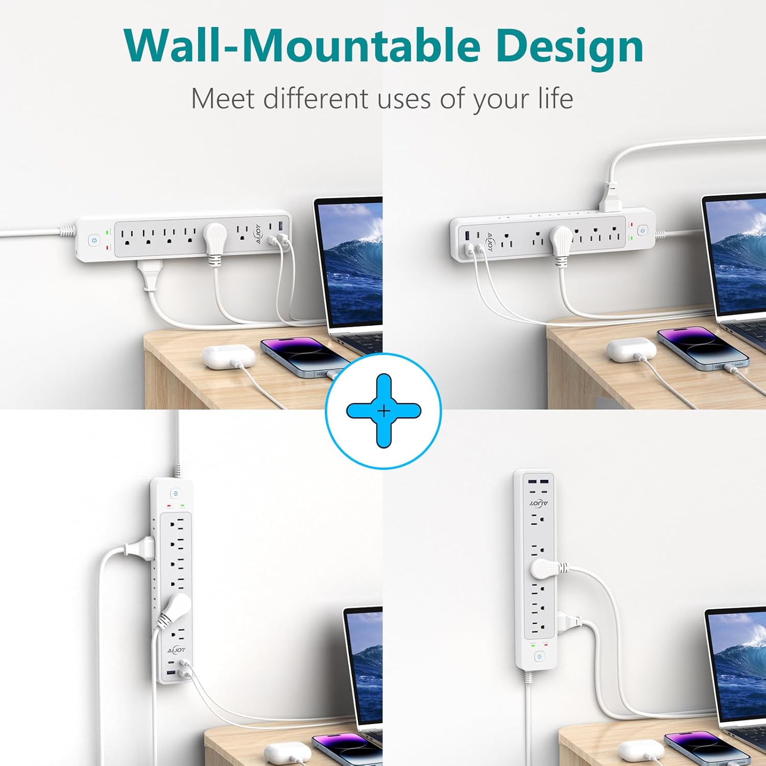 Paquete de 2 regletas de protección contra sobretensiones con 4 puertos USB (2 USB-C), 12 salidas de CA, protección contra sobretensiones de 1500J,