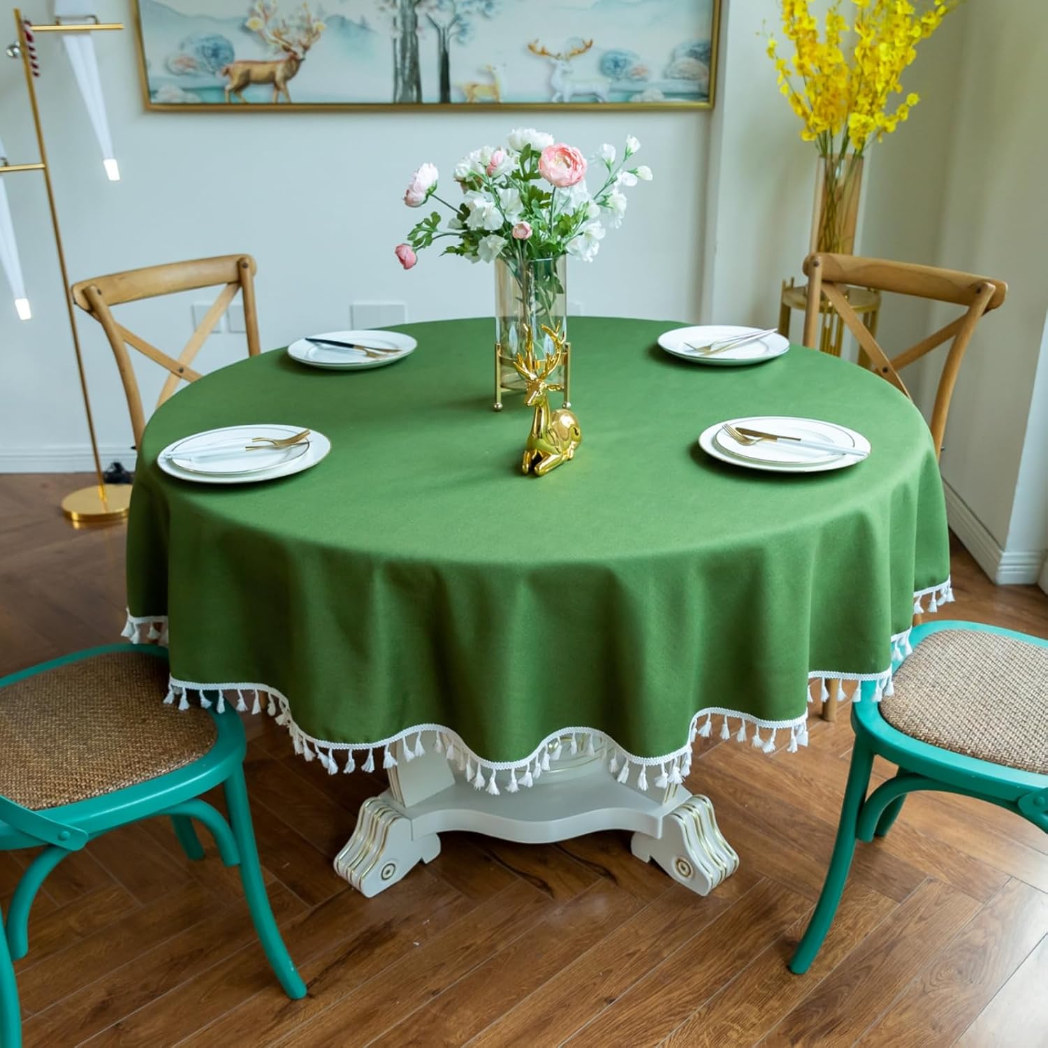 Mantel redondo de color sólido con borlas de algodón y lino, tela pesada, a prueba de polvo, para decoración de mesa de comedor, cocina (63